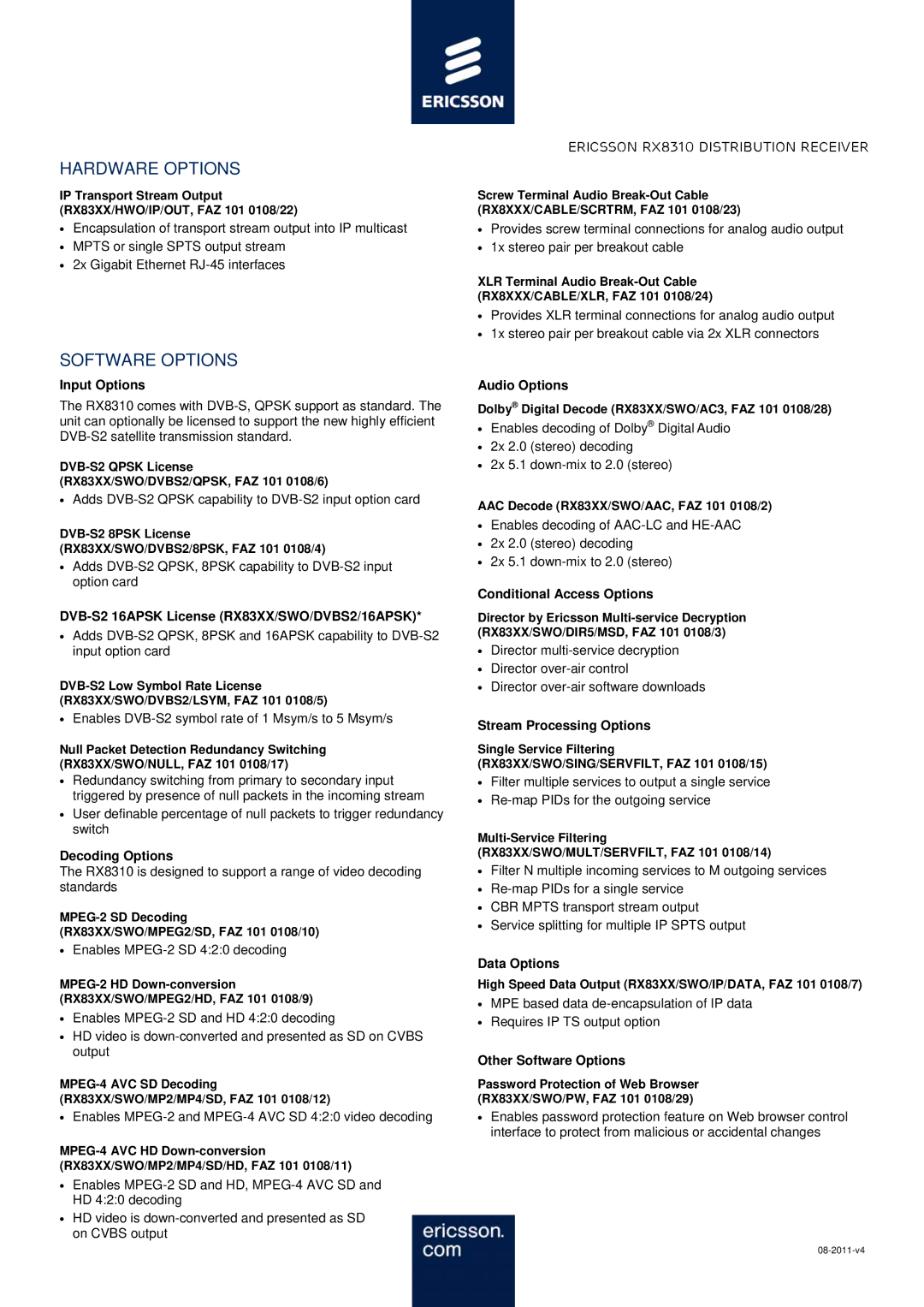 Ericsson RX8310 manual Hardware Options, Software Options 