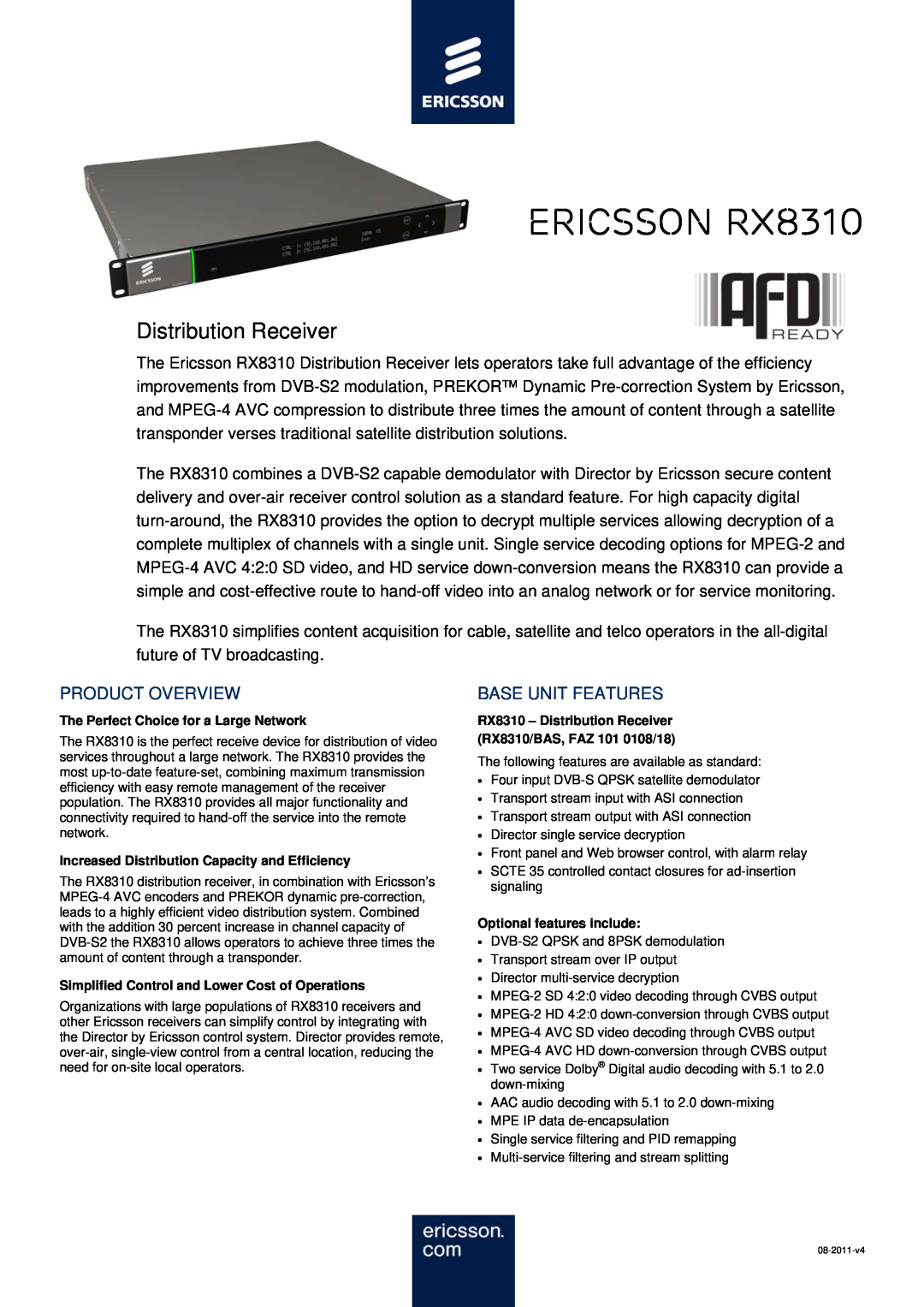 Ericsson manual Product Overview, Base Unit Features, Ericsson RX8310, Distribution Receiver 