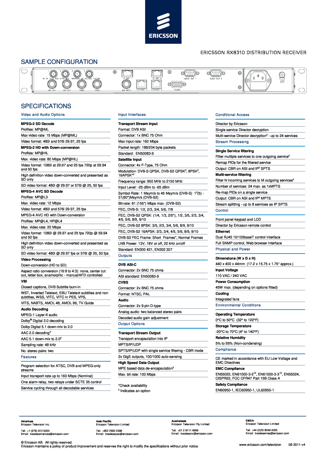 Ericsson manual Sample Configuration, Specifications, Ericsson RX8310 Distribution Receiver 