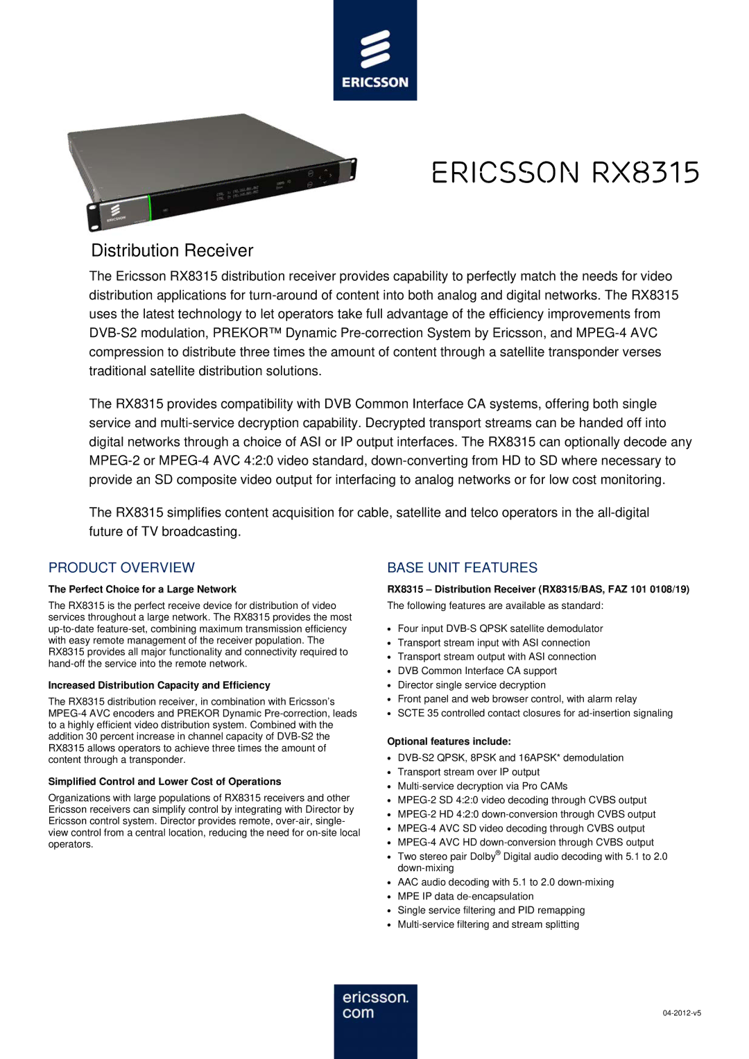 Ericsson RX8315 manual Product Overview, Base Unit Features 