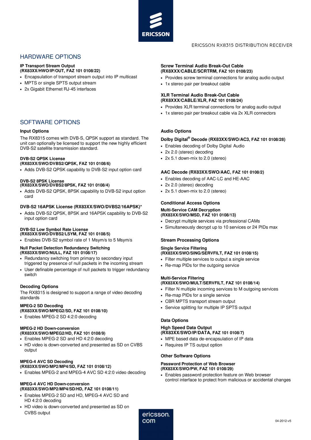 Ericsson RX8315 manual Hardware Options, Software Options 