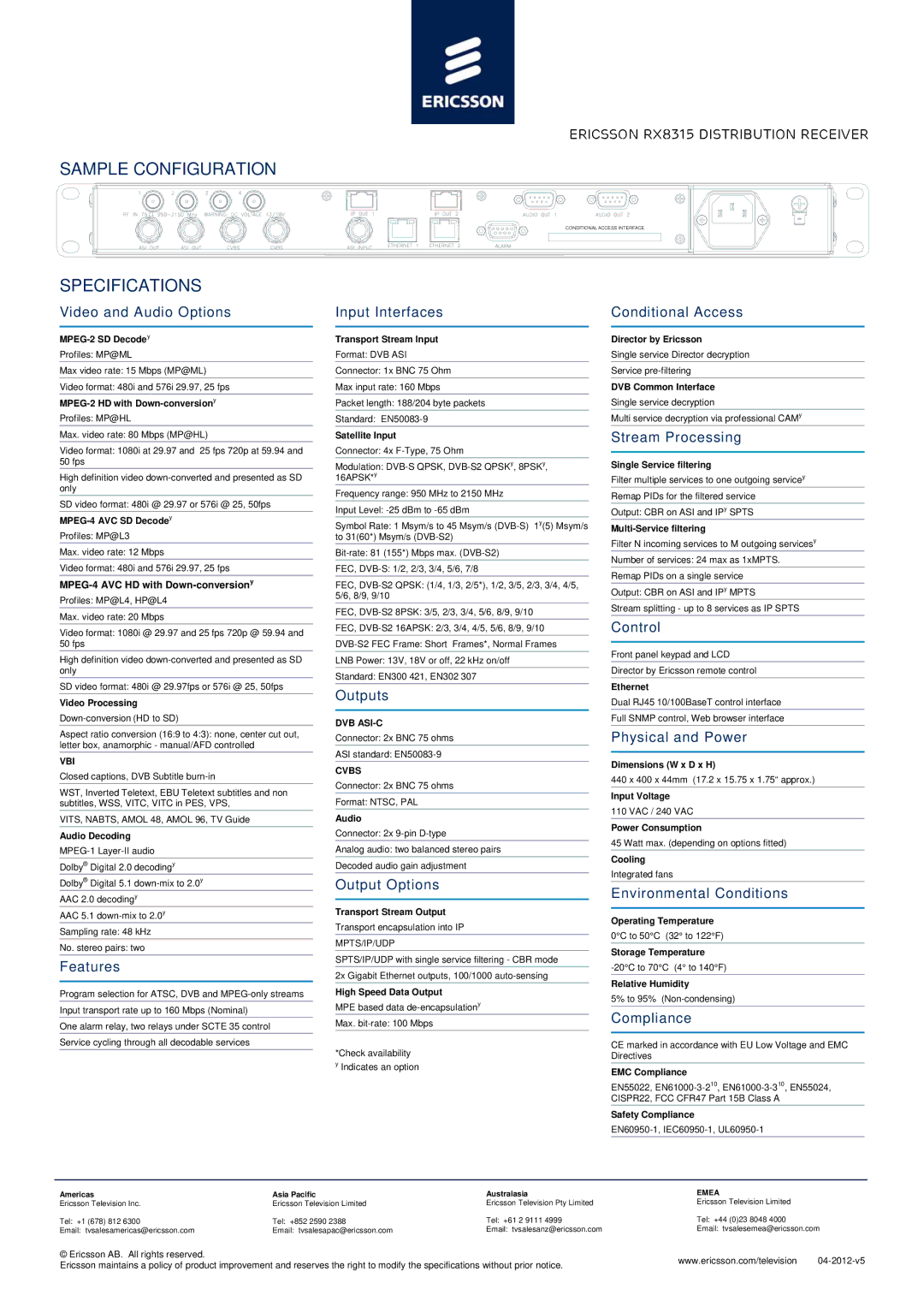 Ericsson RX8315 manual Sample Configuration, Specifications 