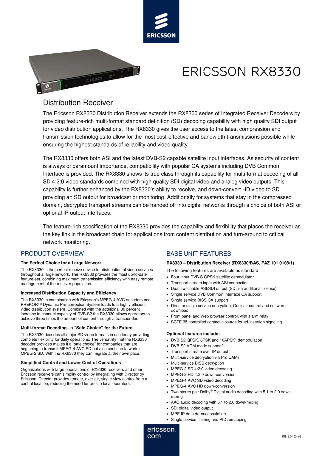 Ericsson RX8330 manual Product Overview, Base Unit Features 