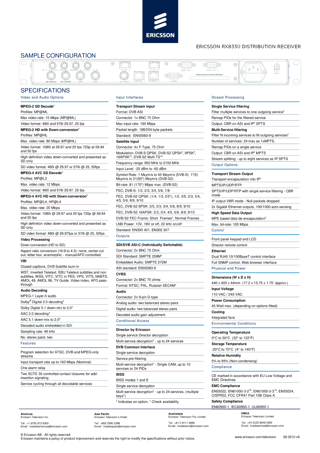 Ericsson RX8330 manual Sample Configuration, Specifications 