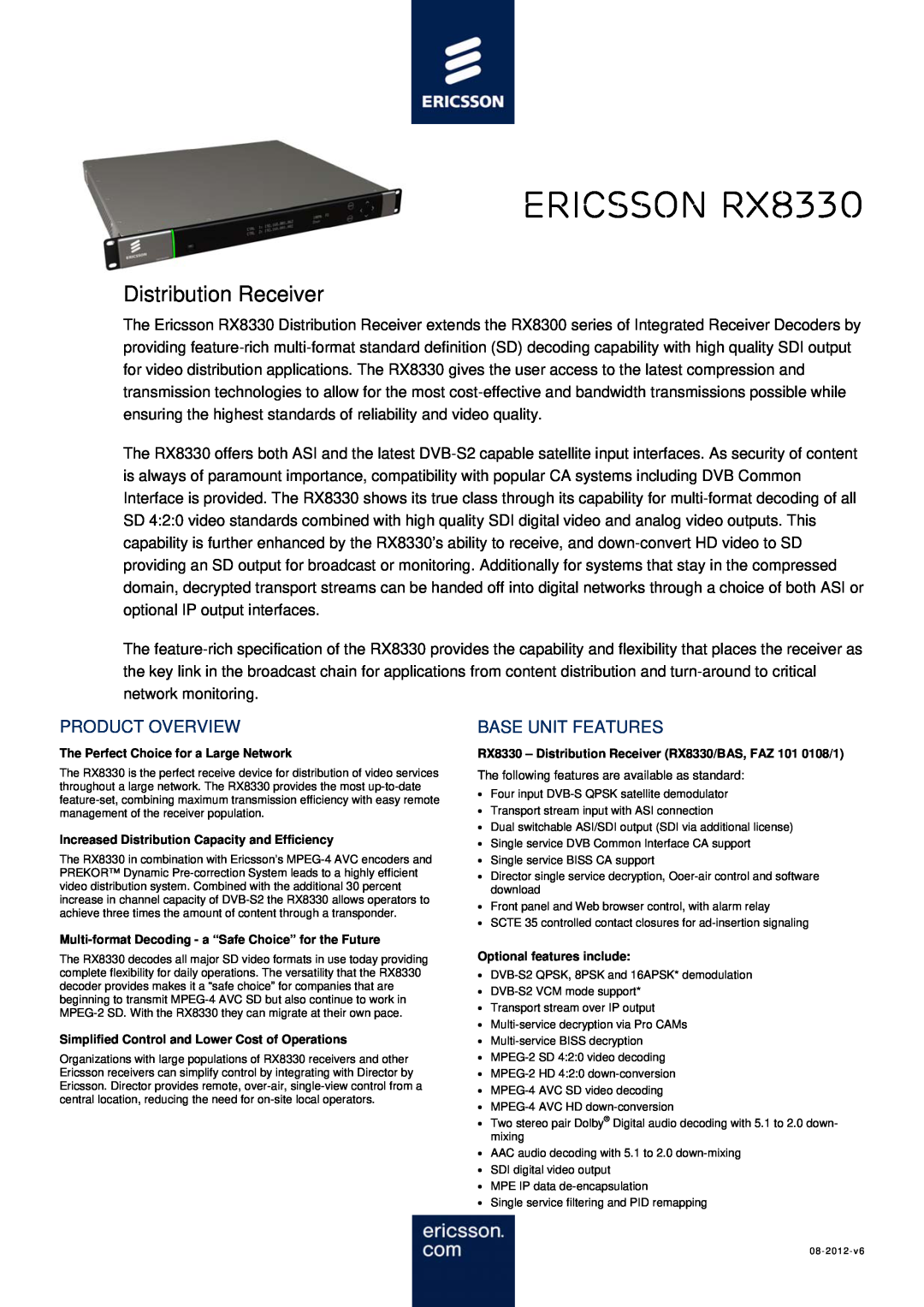 Ericsson manual Product Overview, Base Unit Features, Ericsson RX8330, Distribution Receiver 