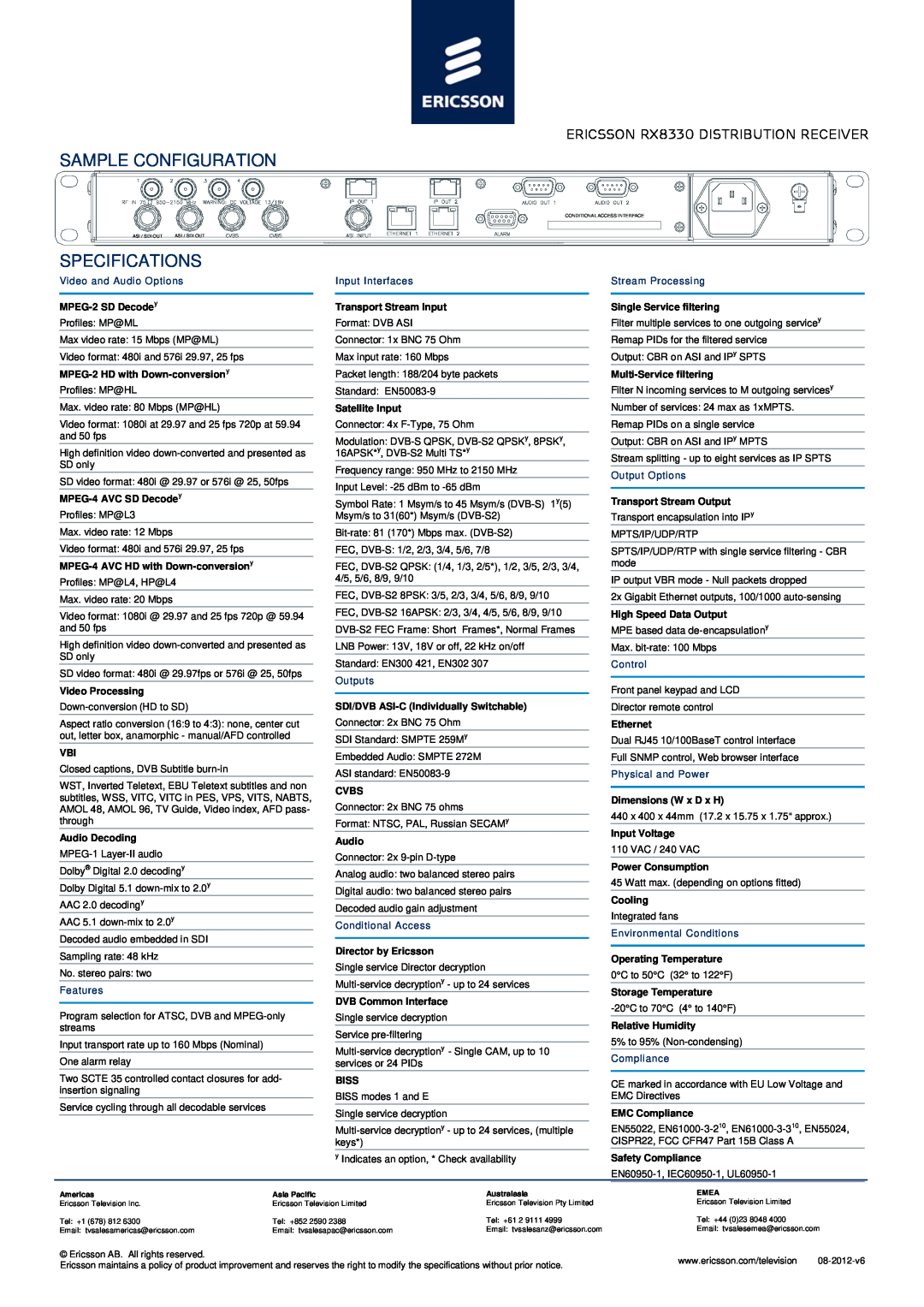 Ericsson manual Sample Configuration, Specifications, Ericsson RX8330 Distribution Receiver 