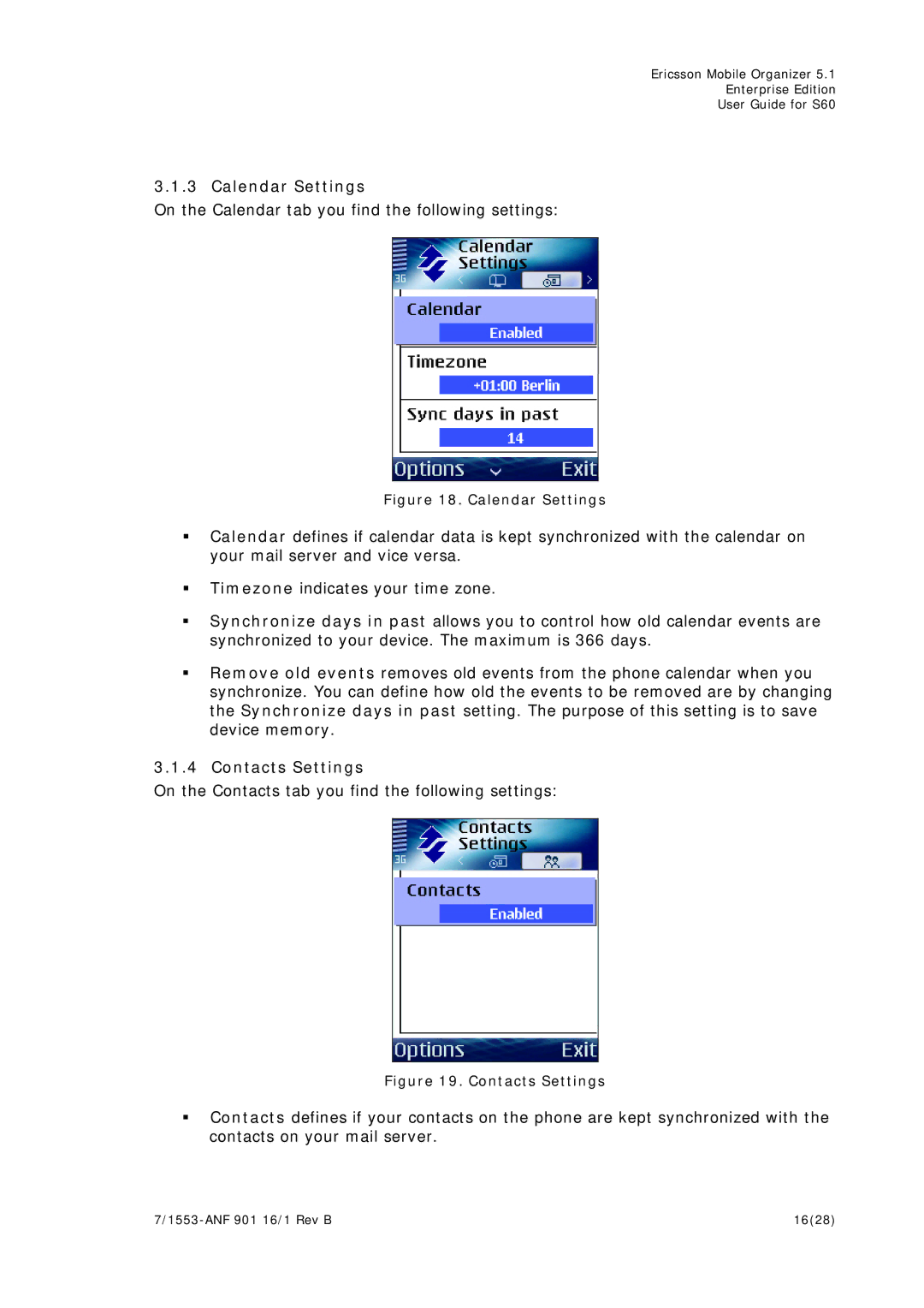 Ericsson S60 manual Calendar Settings, Contacts Settings 