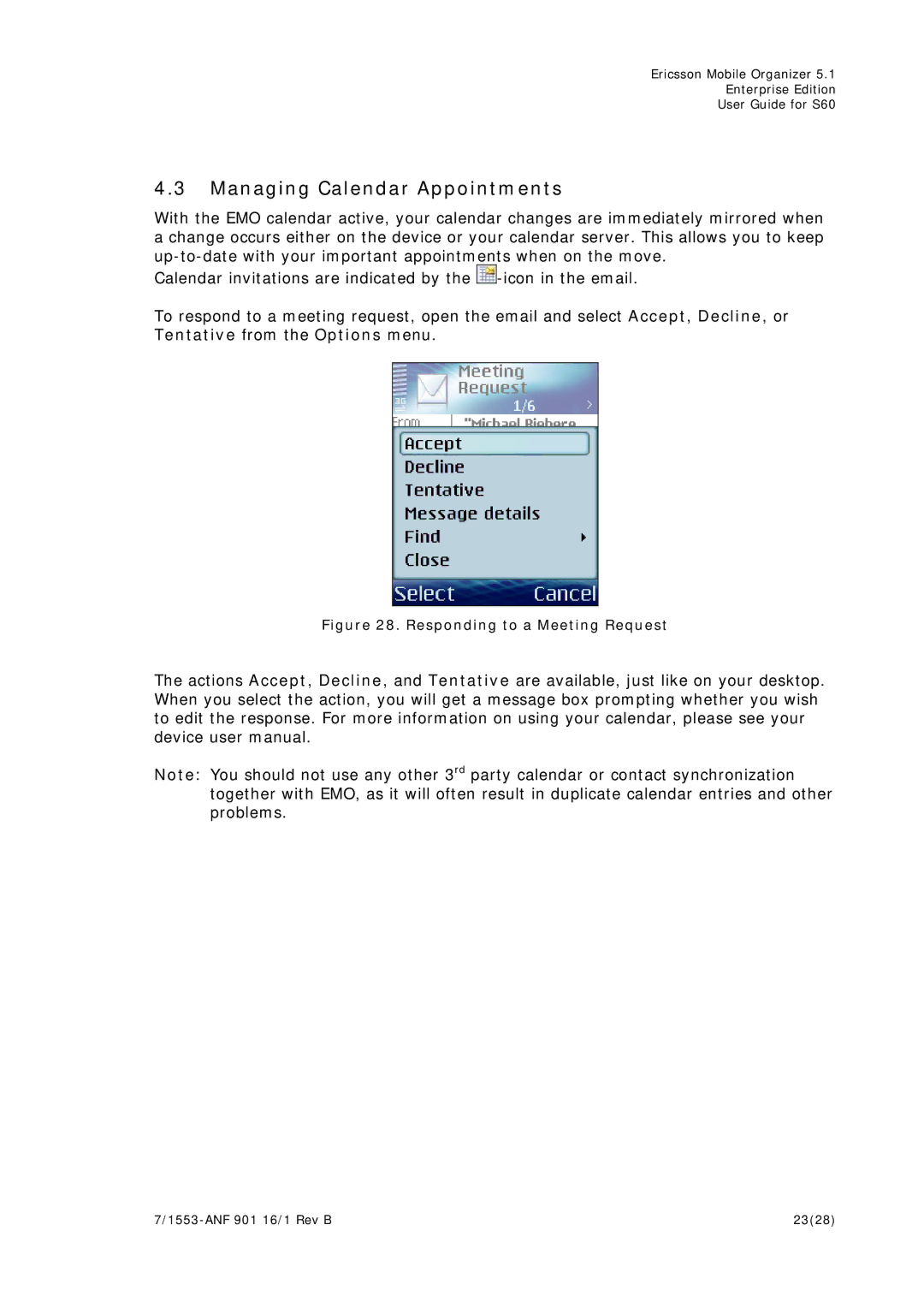 Ericsson S60 manual Managing Calendar Appointments, Responding to a Meeting Request 