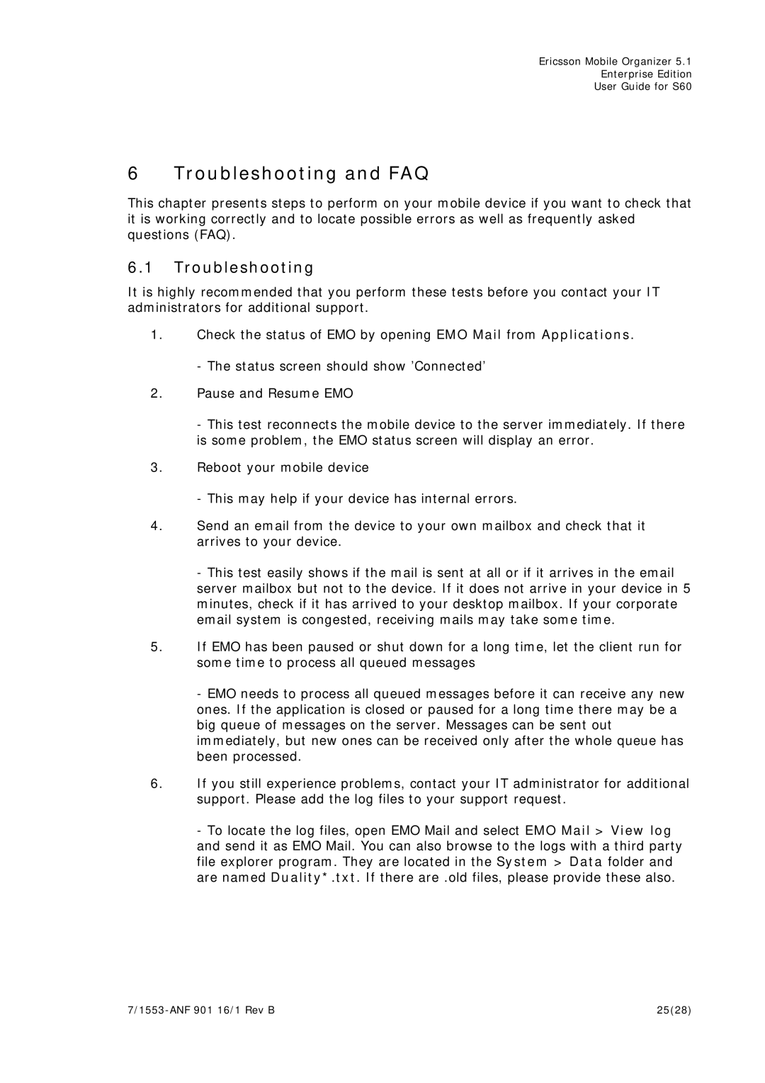 Ericsson S60 manual Troubleshooting and FAQ 