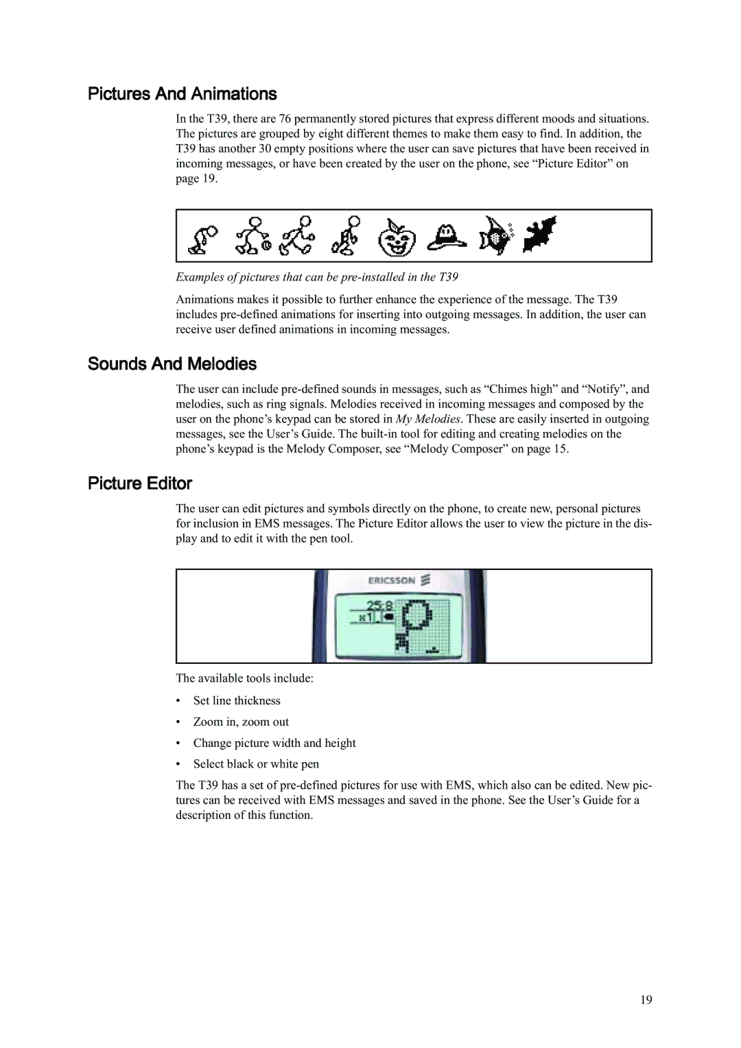 Ericsson T39 manual Pictures And Animations, Sounds And Melodies, Picture Editor 