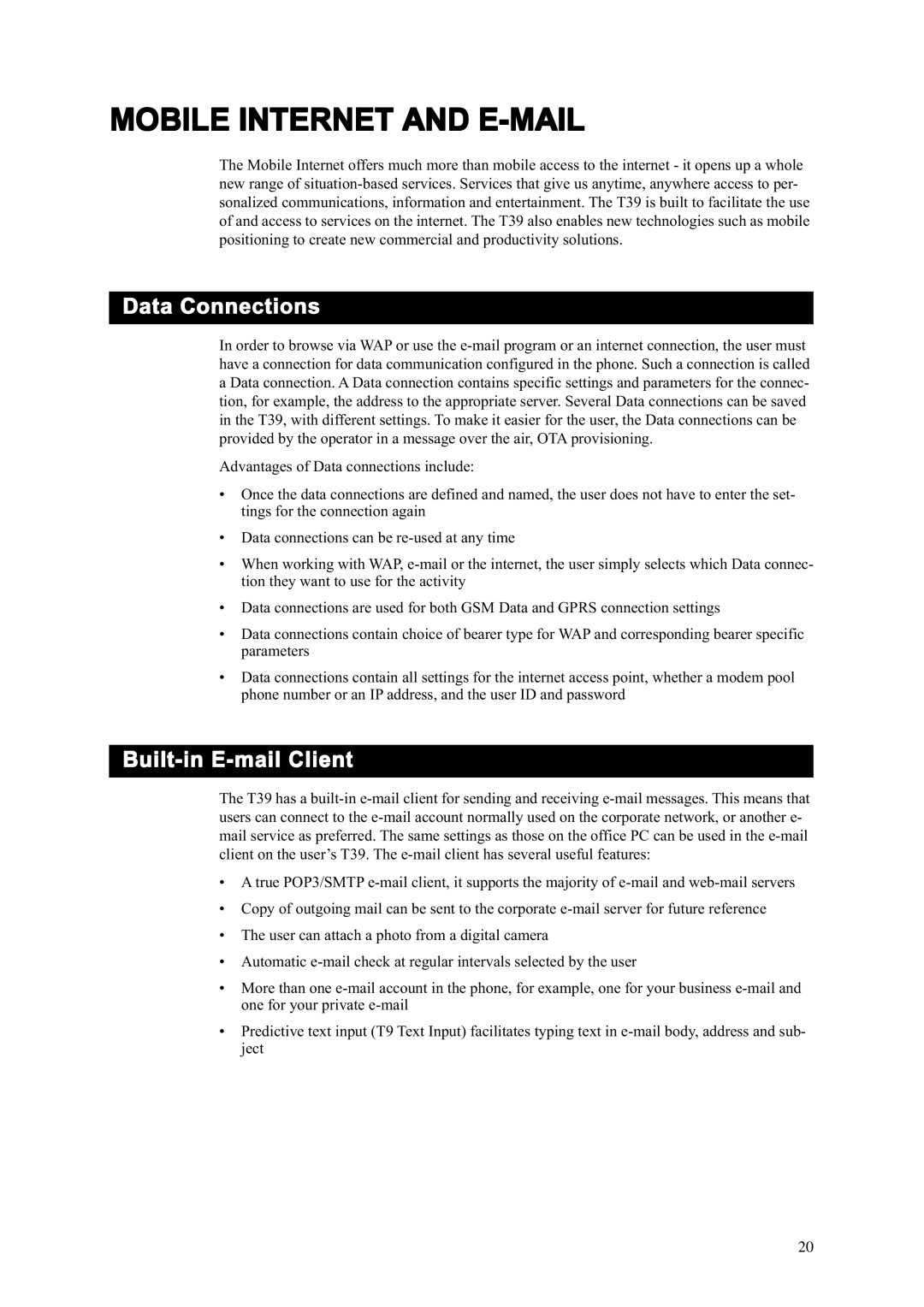 Ericsson T39 manual Mobile Internet and E-MAIL, Data Connections, Built-in E-mail Client 