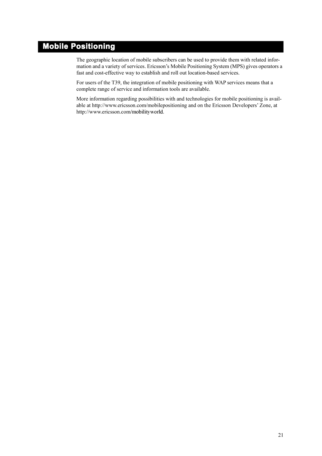 Ericsson T39 manual Mobile Positioning 
