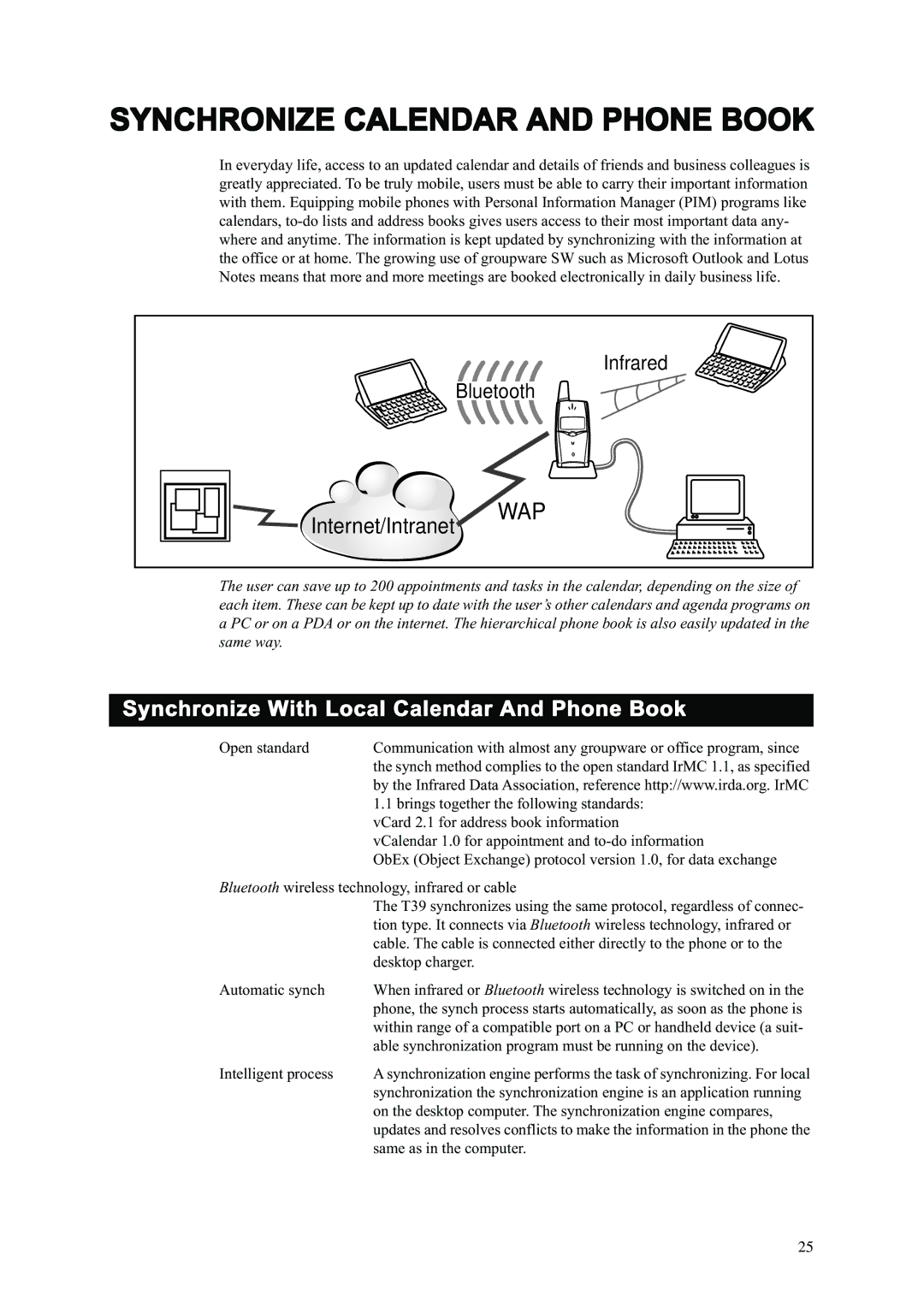 Ericsson T39 manual Synchronize Calendar and Phone Book, Synchronize With Local Calendar And Phone Book 