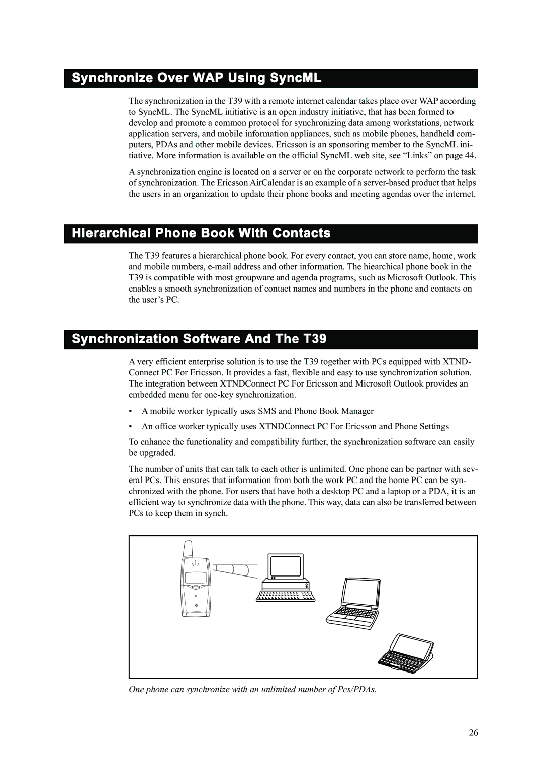 Ericsson T39 manual Synchronize Over WAP Using SyncML, Hierarchical Phone Book With Contacts 