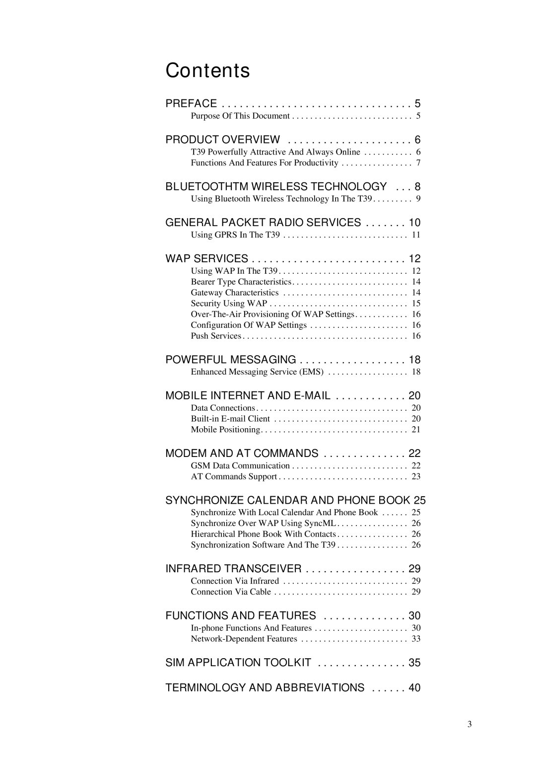 Ericsson T39 manual Contents 