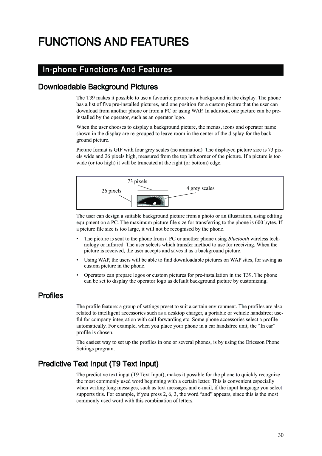 Ericsson T39 manual Functions and Features, In-phone Functions And Features, Downloadable Background Pictures, Profiles 