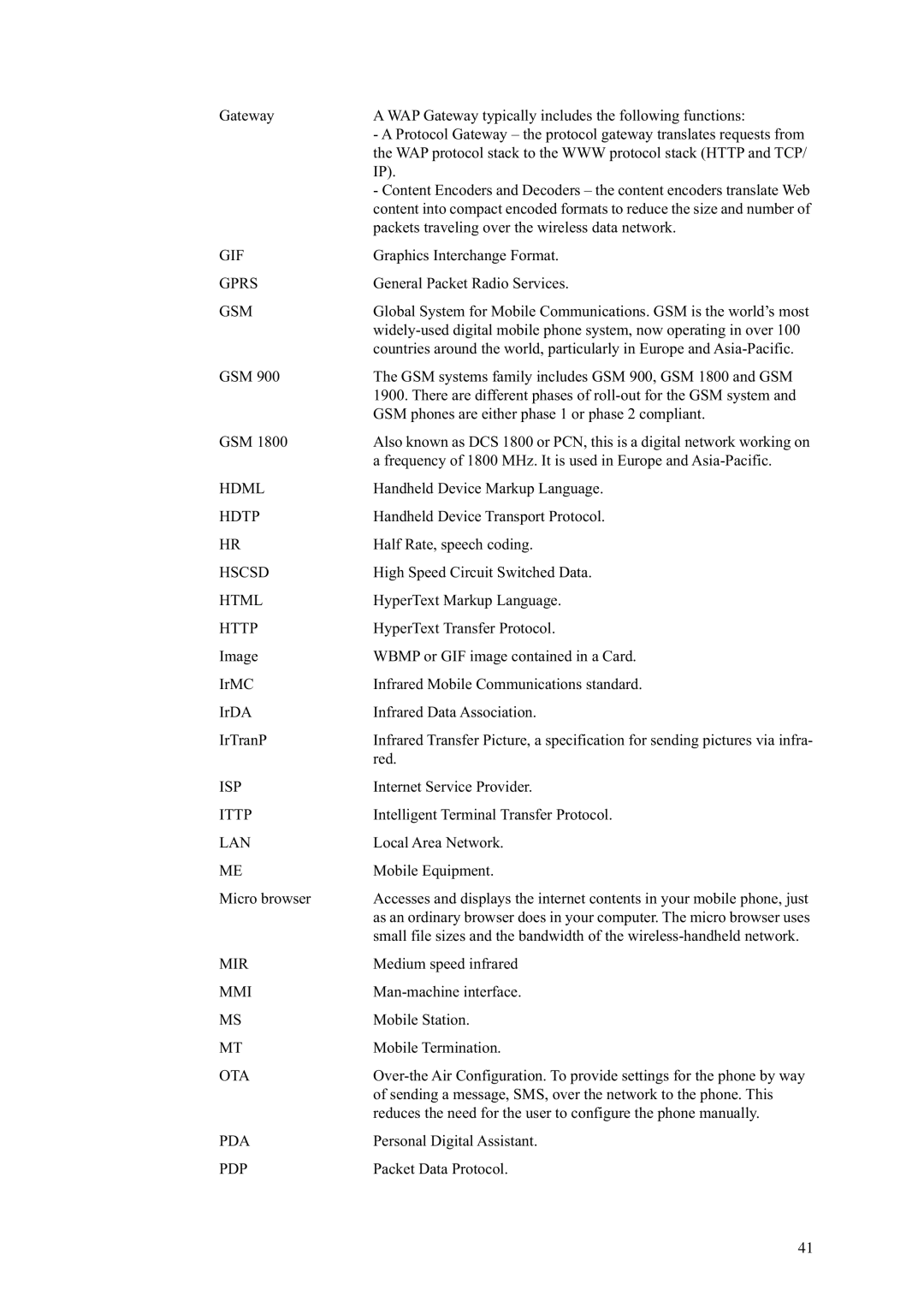 Ericsson T39 manual Gif, Gprs, Gsm, Hdml, Hdtp, Hscsd, Html, Http, Isp, Ittp, Lan, Mir, Mmi, Ota, Pdp 