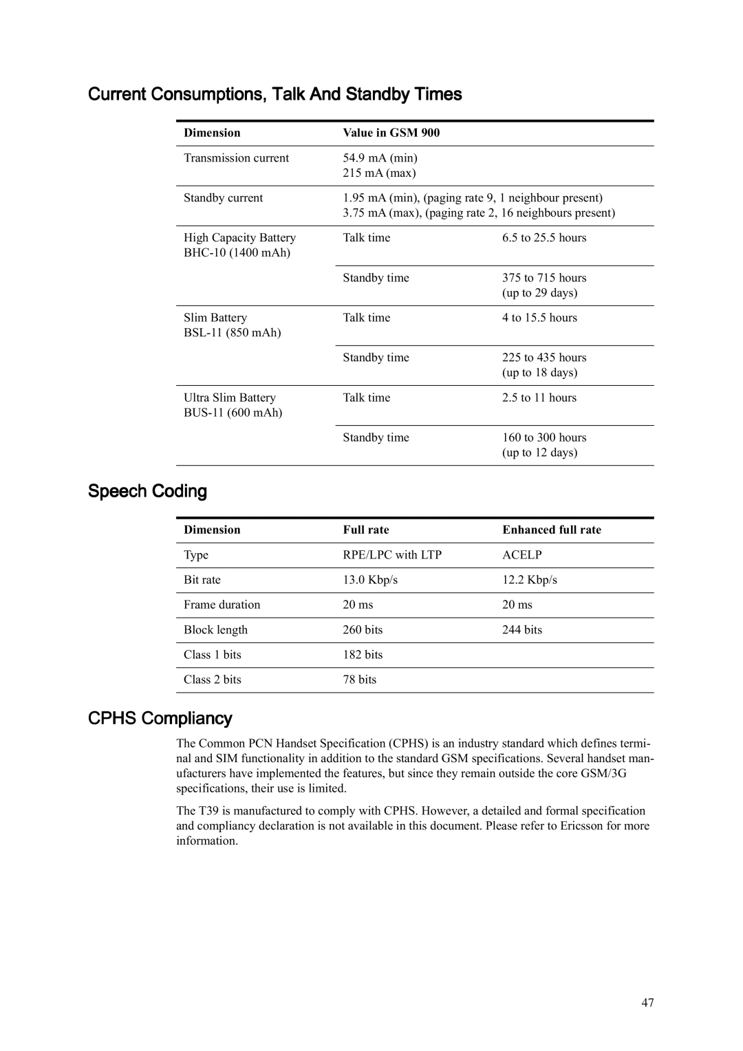 Ericsson T39 manual Current Consumptions, Talk And Standby Times, Speech Coding, Cphs Compliancy, Dimension Value in GSM 