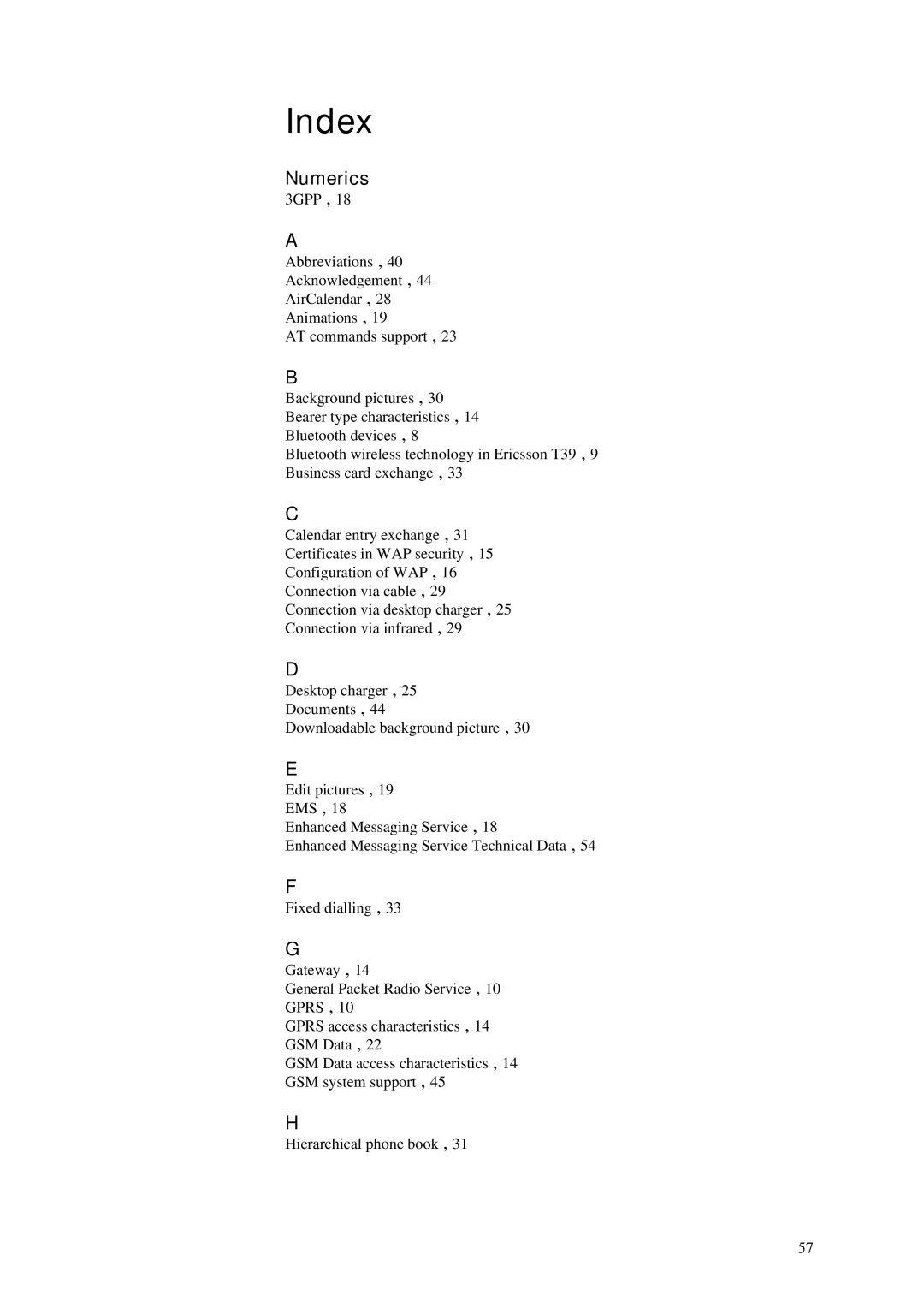 Ericsson T39 manual Index 