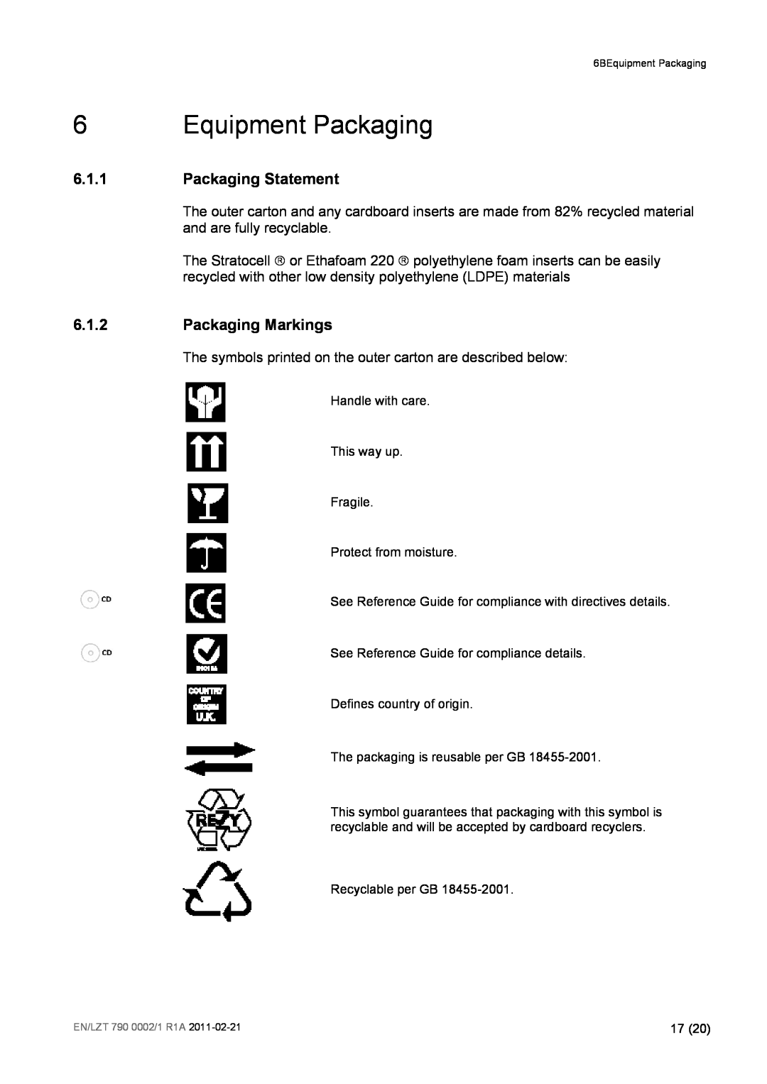 Ericsson TT1222 manual Equipment Packaging, 6.1.1Packaging Statement, 6.1.2Packaging Markings 