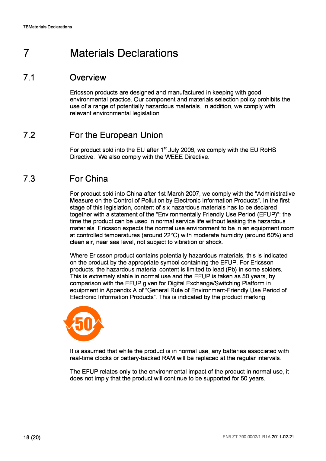 Ericsson TT1222 manual Materials Declarations, 7.1Overview, 7.2For the European Union, 7.3For China 