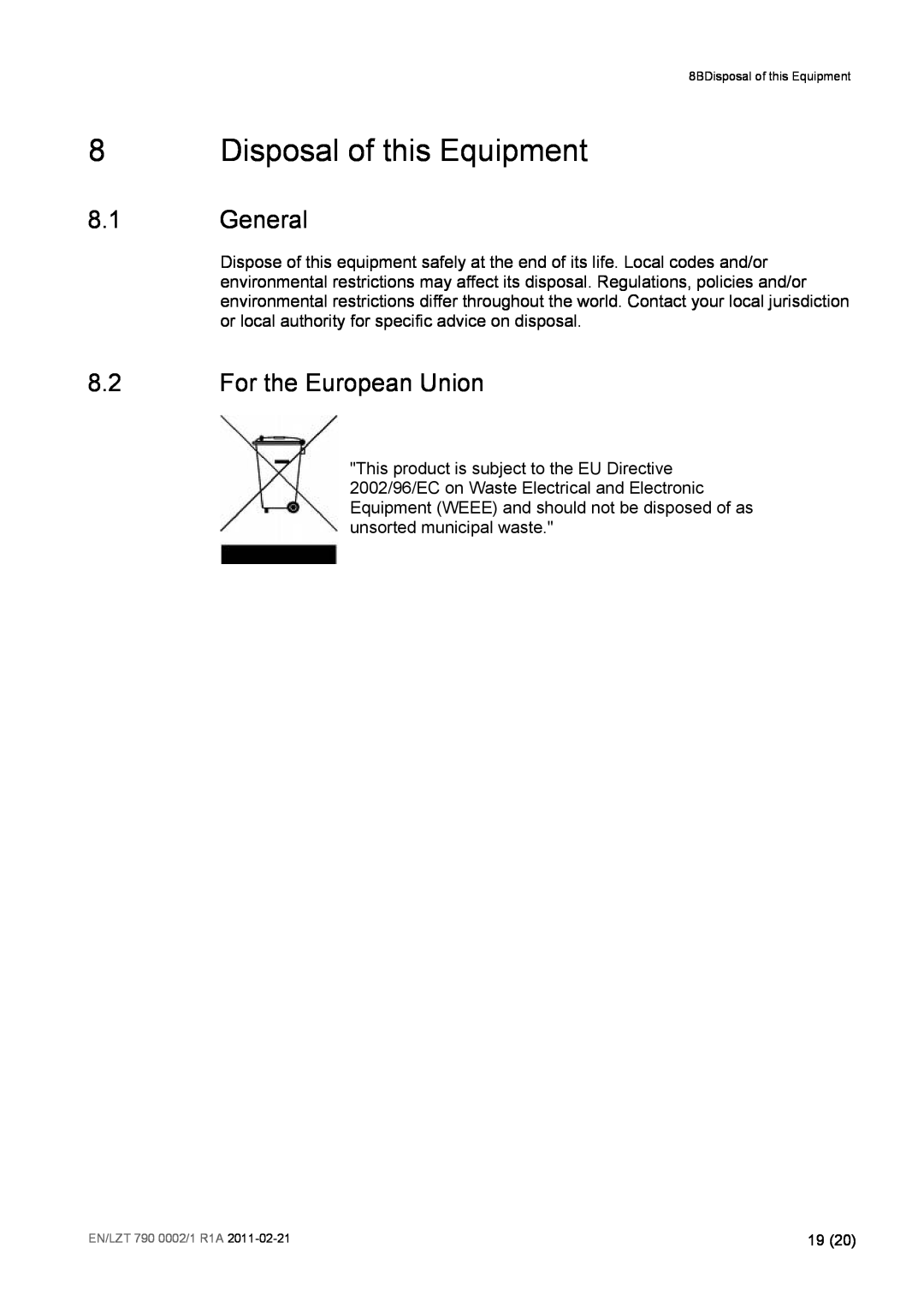Ericsson TT1222 manual Disposal of this Equipment, 8.1General, 8.2For the European Union 