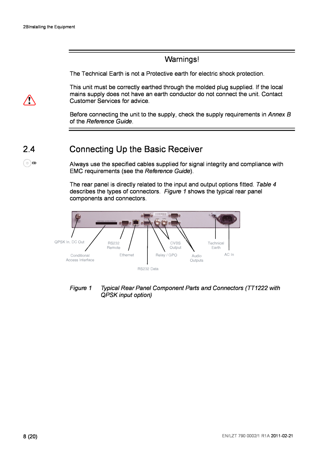 Ericsson TT1222 manual 2.4Connecting Up the Basic Receiver, Warnings 