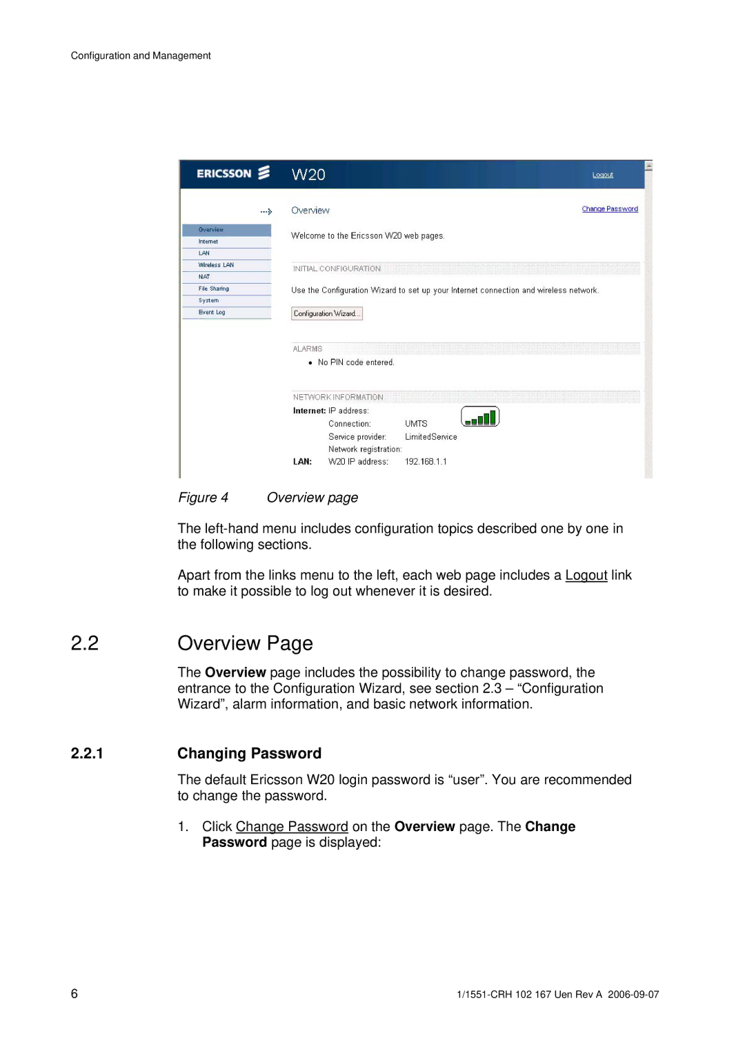 Ericsson W20 manual Overview, Changing Password 