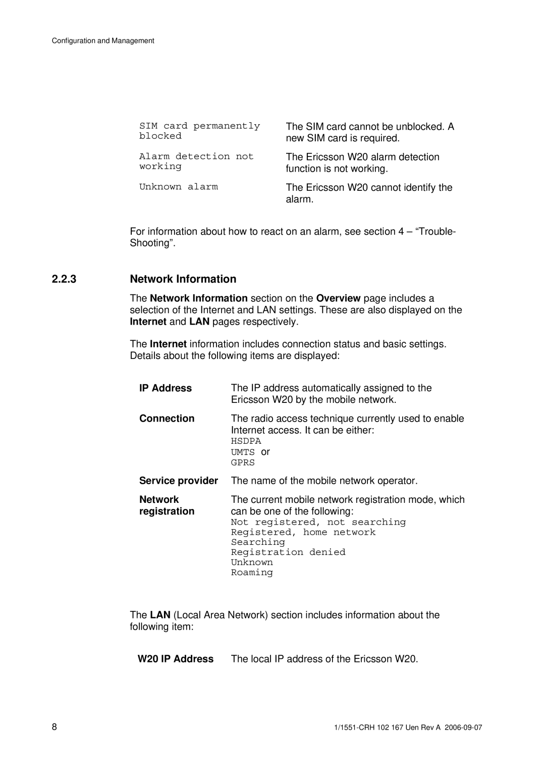 Ericsson W20 manual Network Information 