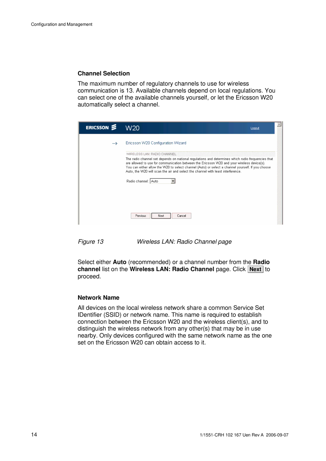 Ericsson W20 manual Channel Selection, Network Name 