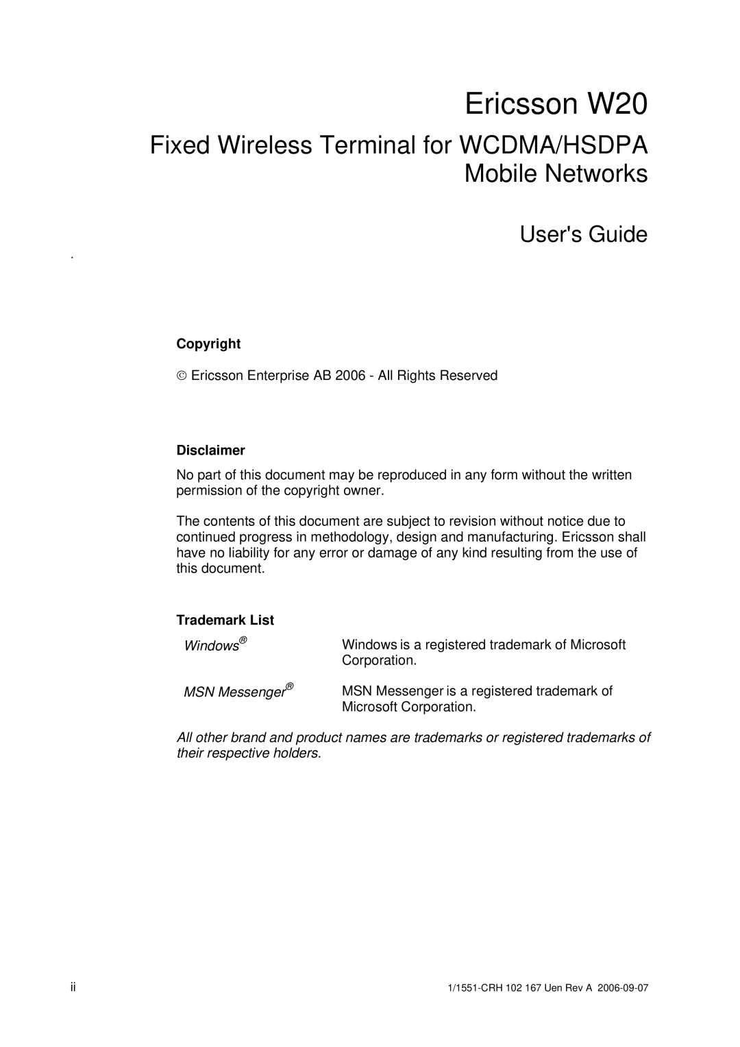 Ericsson W20 manual Copyright, Disclaimer, Trademark List 