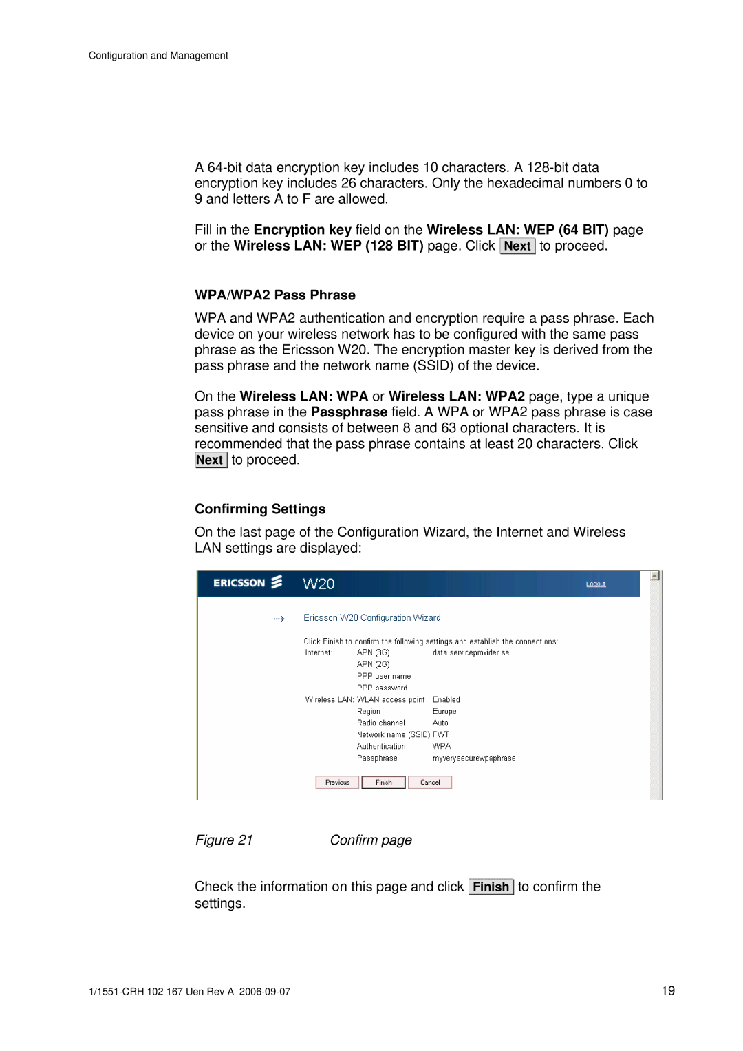 Ericsson W20 manual WPA/WPA2 Pass Phrase, Confirming Settings 