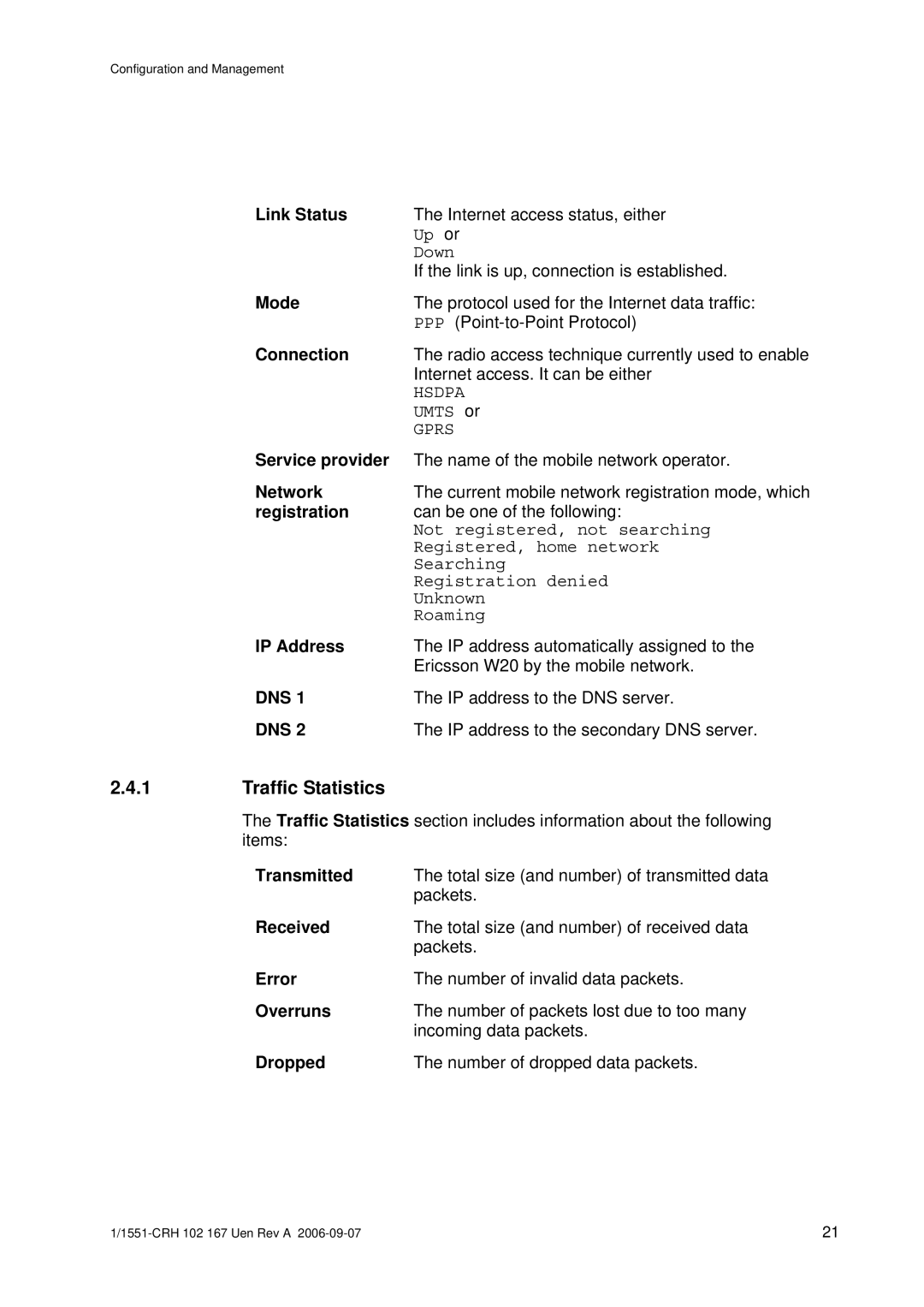 Ericsson W20 manual Traffic Statistics, Dns 