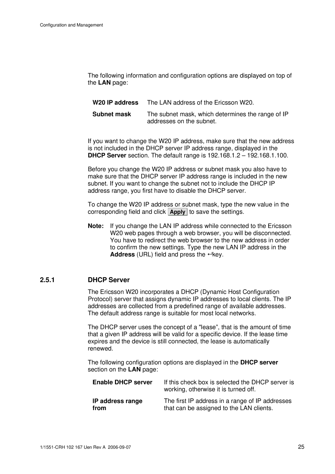 Ericsson W20 manual Dhcp Server, Enable Dhcp server, IP address range, From 