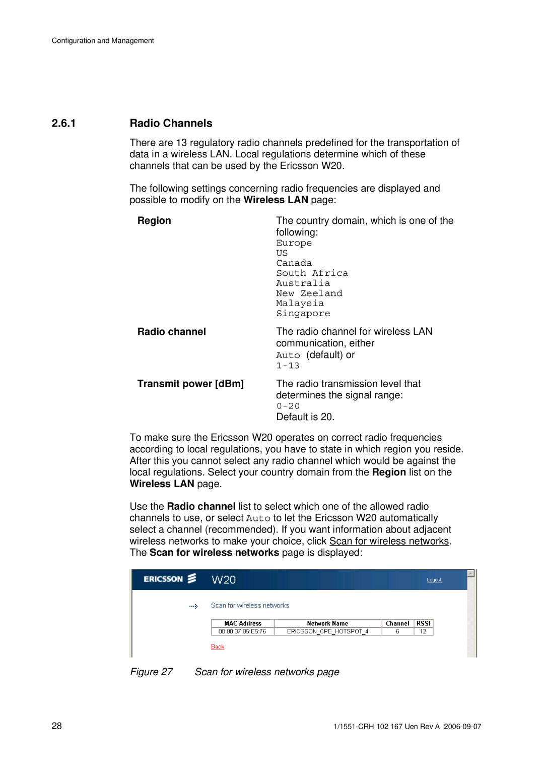 Ericsson W20 manual Radio Channels, Radio channel, Transmit power dBm 