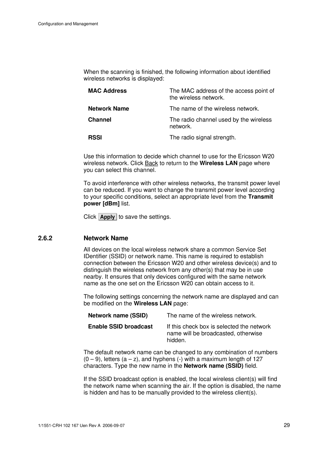 Ericsson W20 manual Network Name, MAC Address, Channel, Rssi 