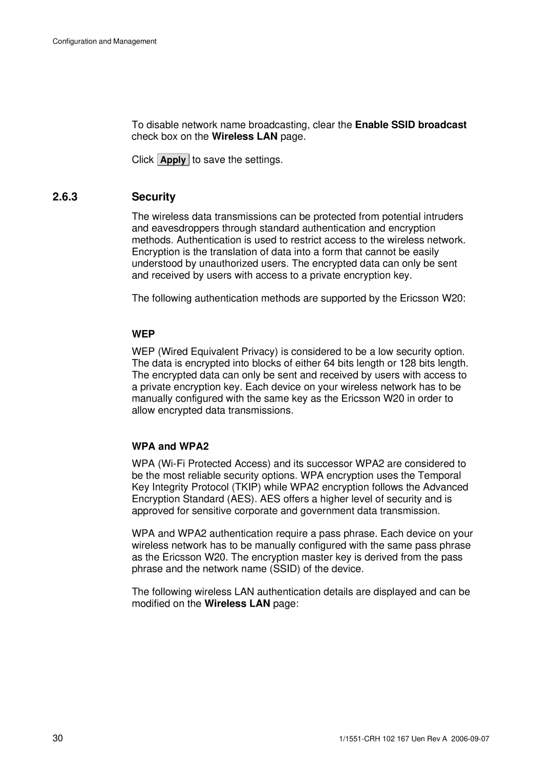 Ericsson W20 manual Security, Wep, WPA and WPA2 