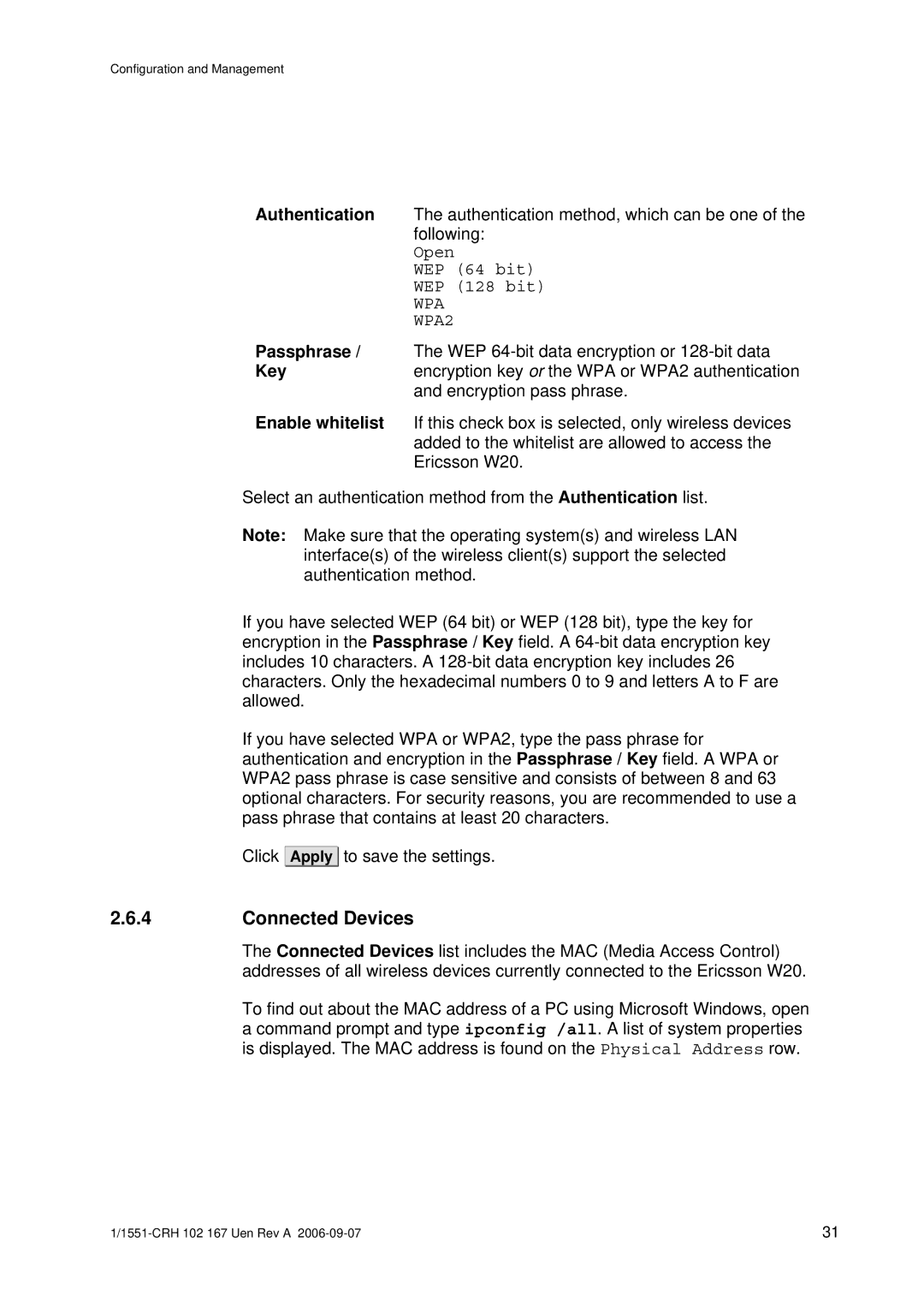 Ericsson W20 manual Connected Devices, WPA WPA2 