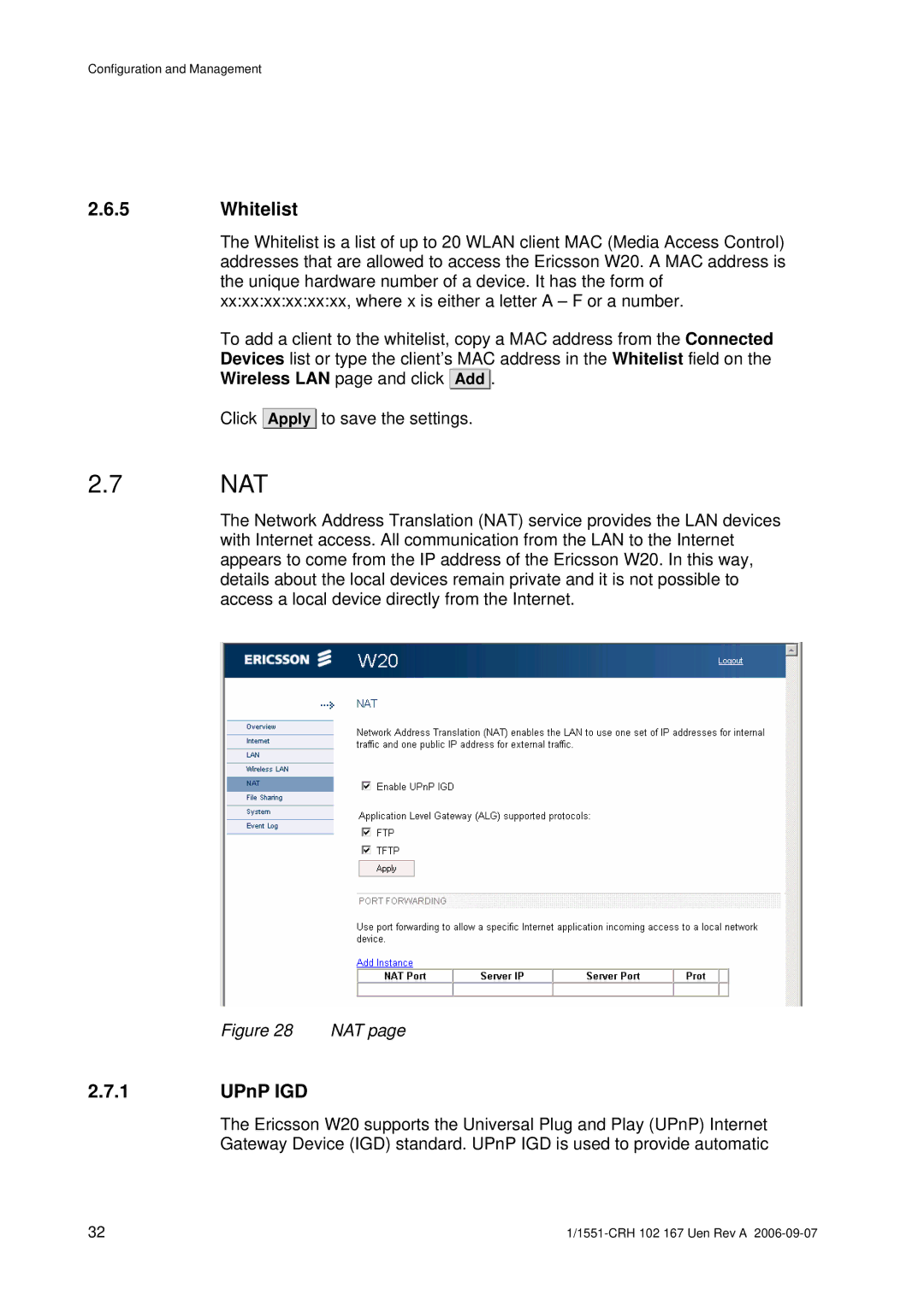 Ericsson W20 manual Nat, Whitelist, UPnP IGD 