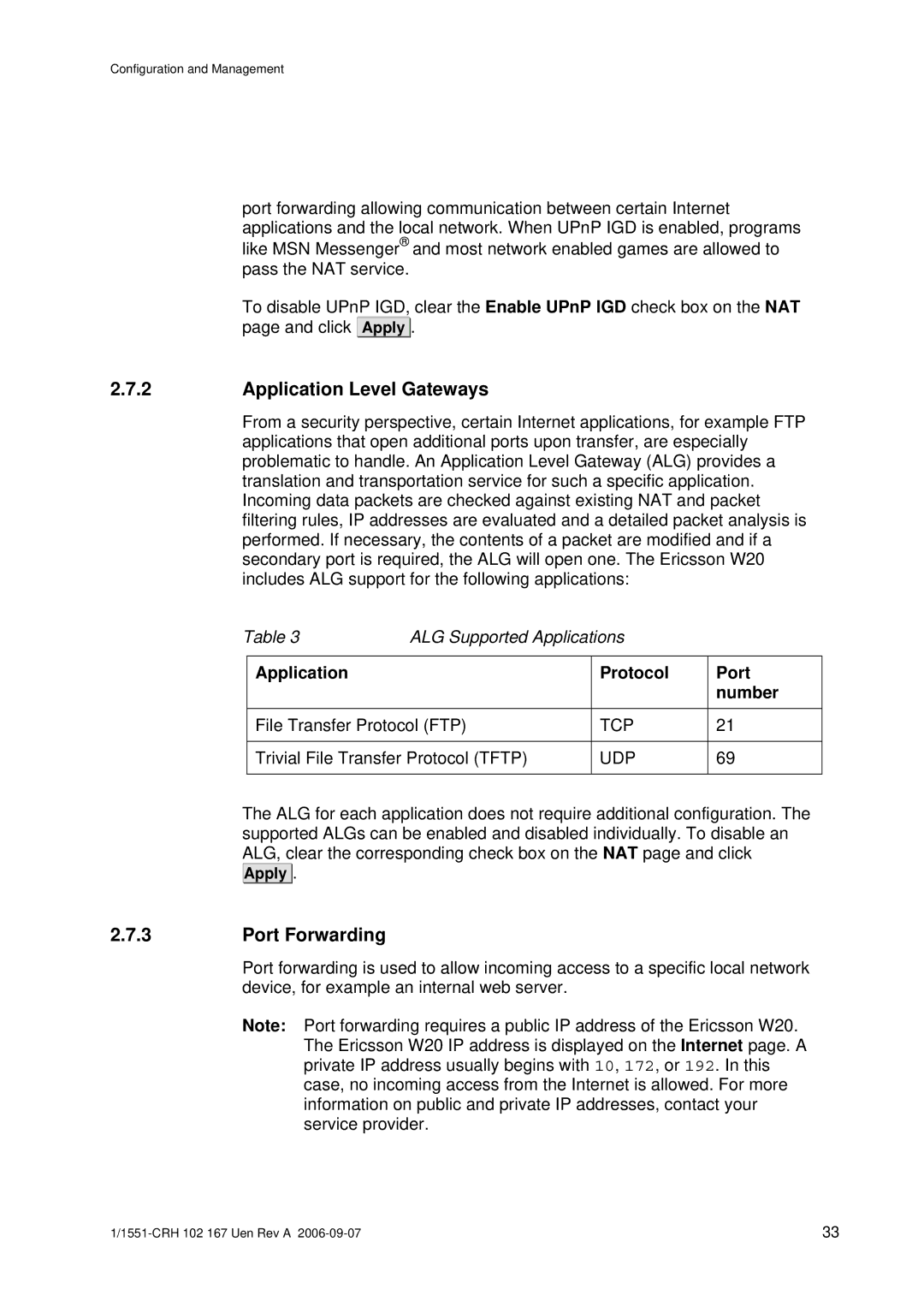 Ericsson W20 manual Application Level Gateways, Port Forwarding 