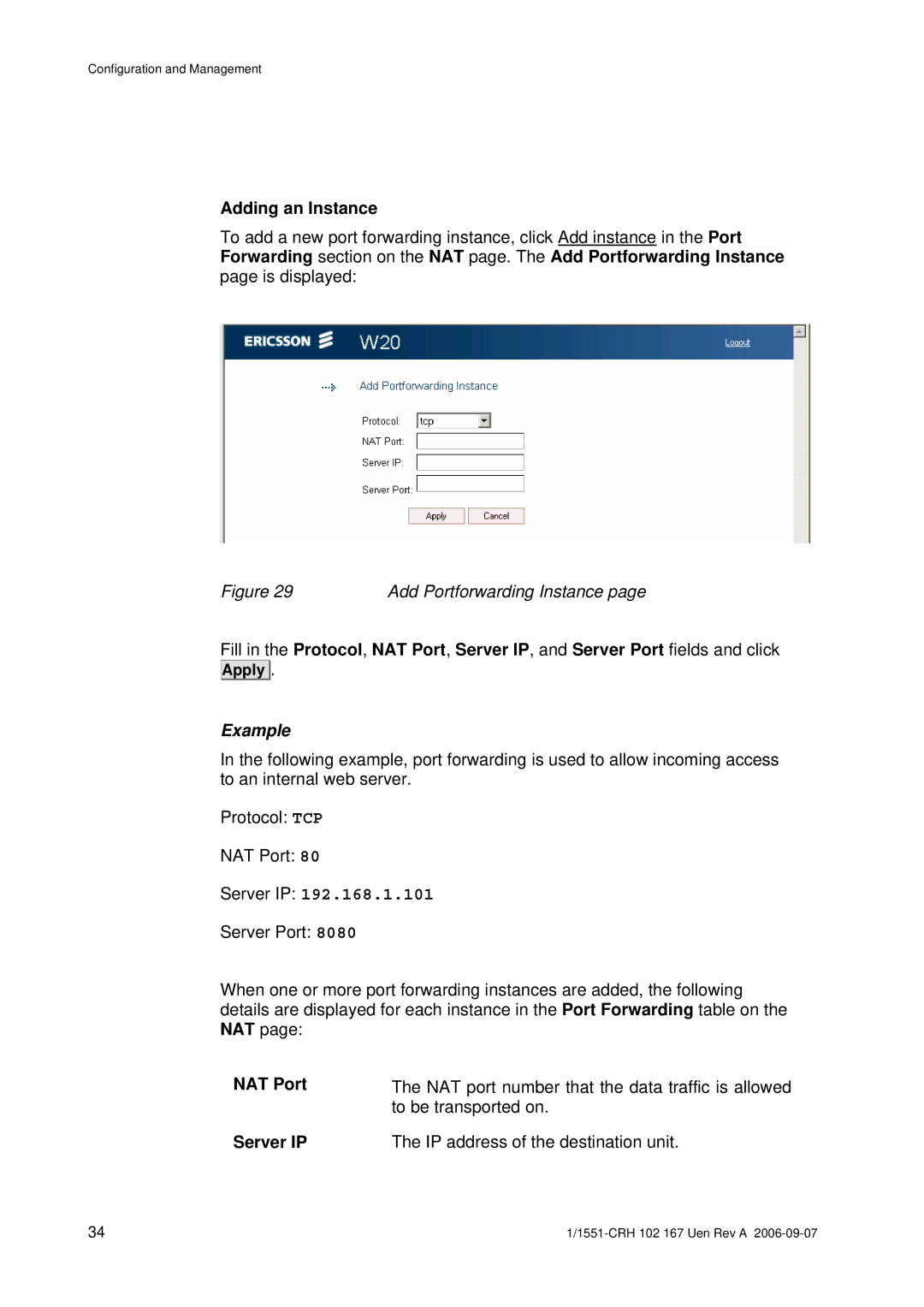 Ericsson W20 manual Adding an Instance, NAT Port, Server IP 