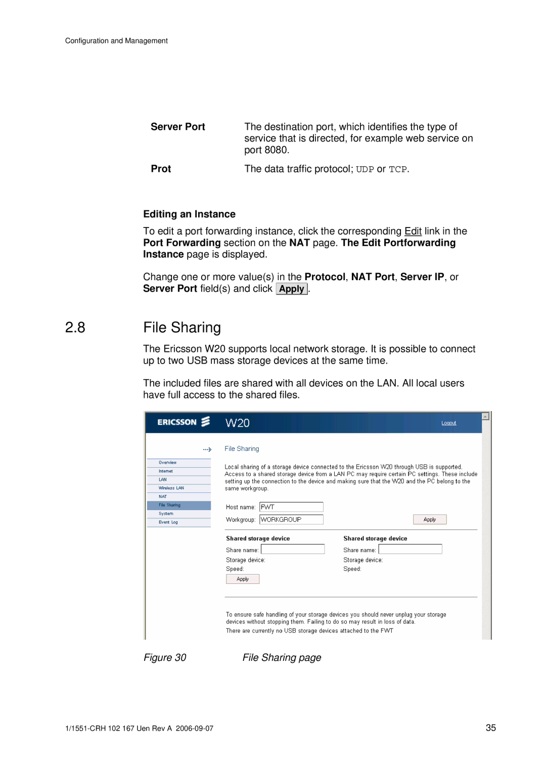 Ericsson W20 manual File Sharing, Server Port, Prot, Editing an Instance 