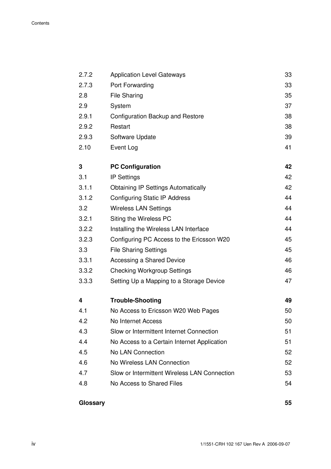 Ericsson W20 manual PC Configuration, Trouble-Shooting, Glossary 