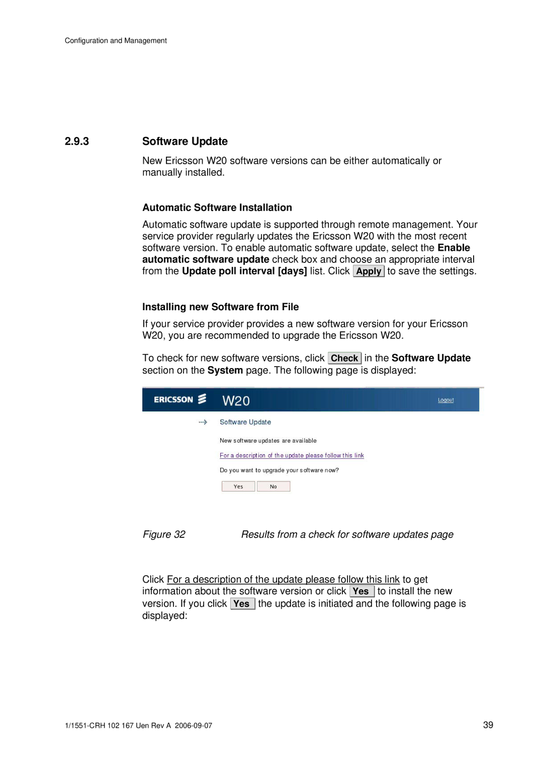 Ericsson W20 manual Software Update, Automatic Software Installation, Installing new Software from File 