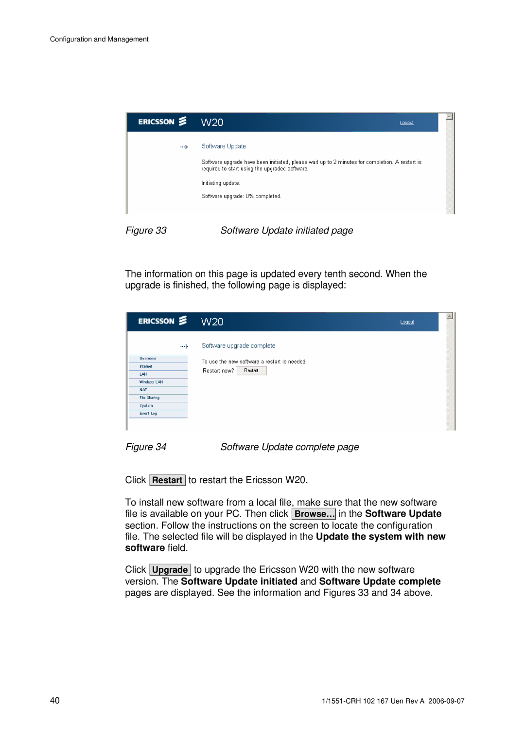 Ericsson W20 manual Software Update initiated 