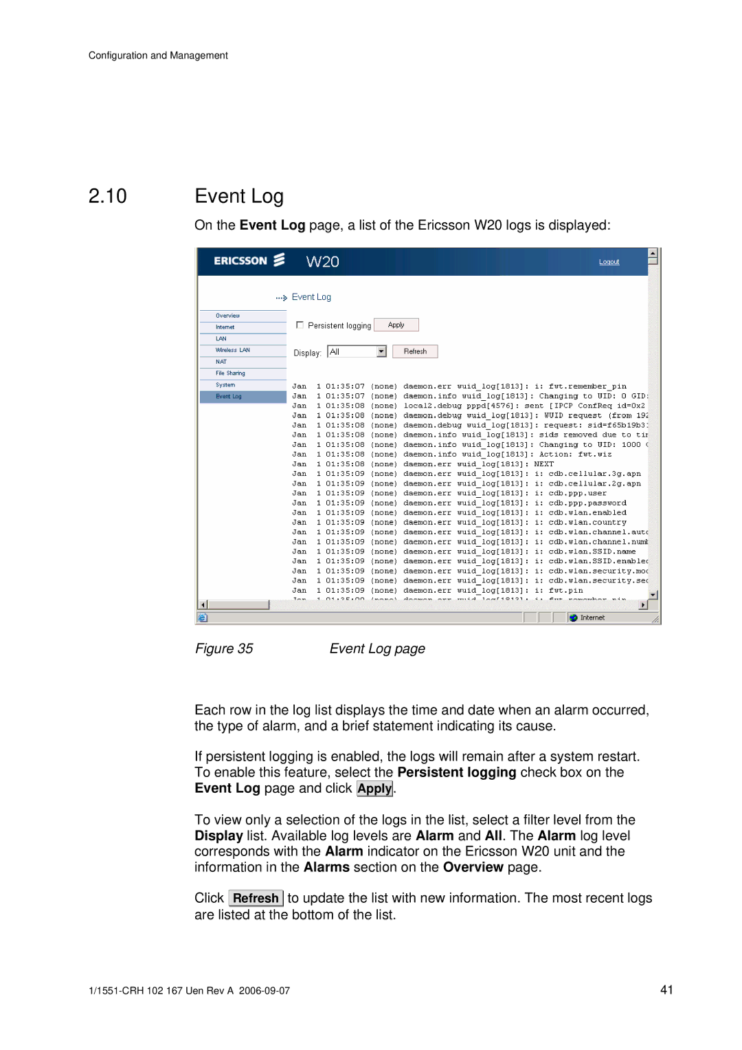 Ericsson W20 manual Event Log 