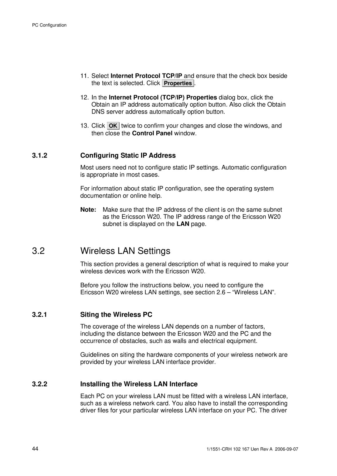 Ericsson W20 manual Wireless LAN Settings, Configuring Static IP Address, Siting the Wireless PC 