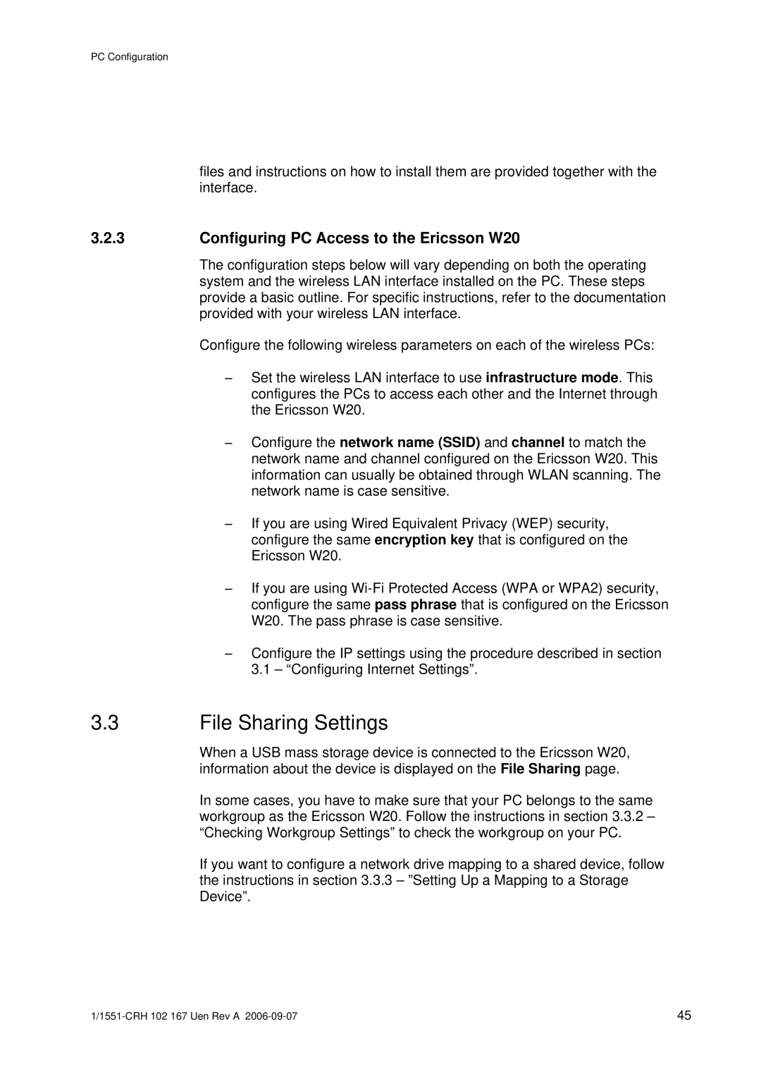 Ericsson manual File Sharing Settings, Configuring PC Access to the Ericsson W20 