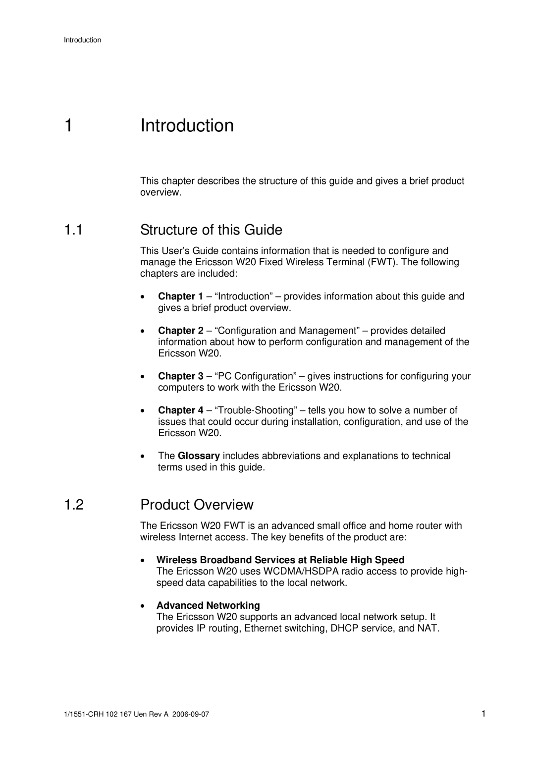 Ericsson W20 manual Structure of this Guide, Product Overview, Wireless Broadband Services at Reliable High Speed 