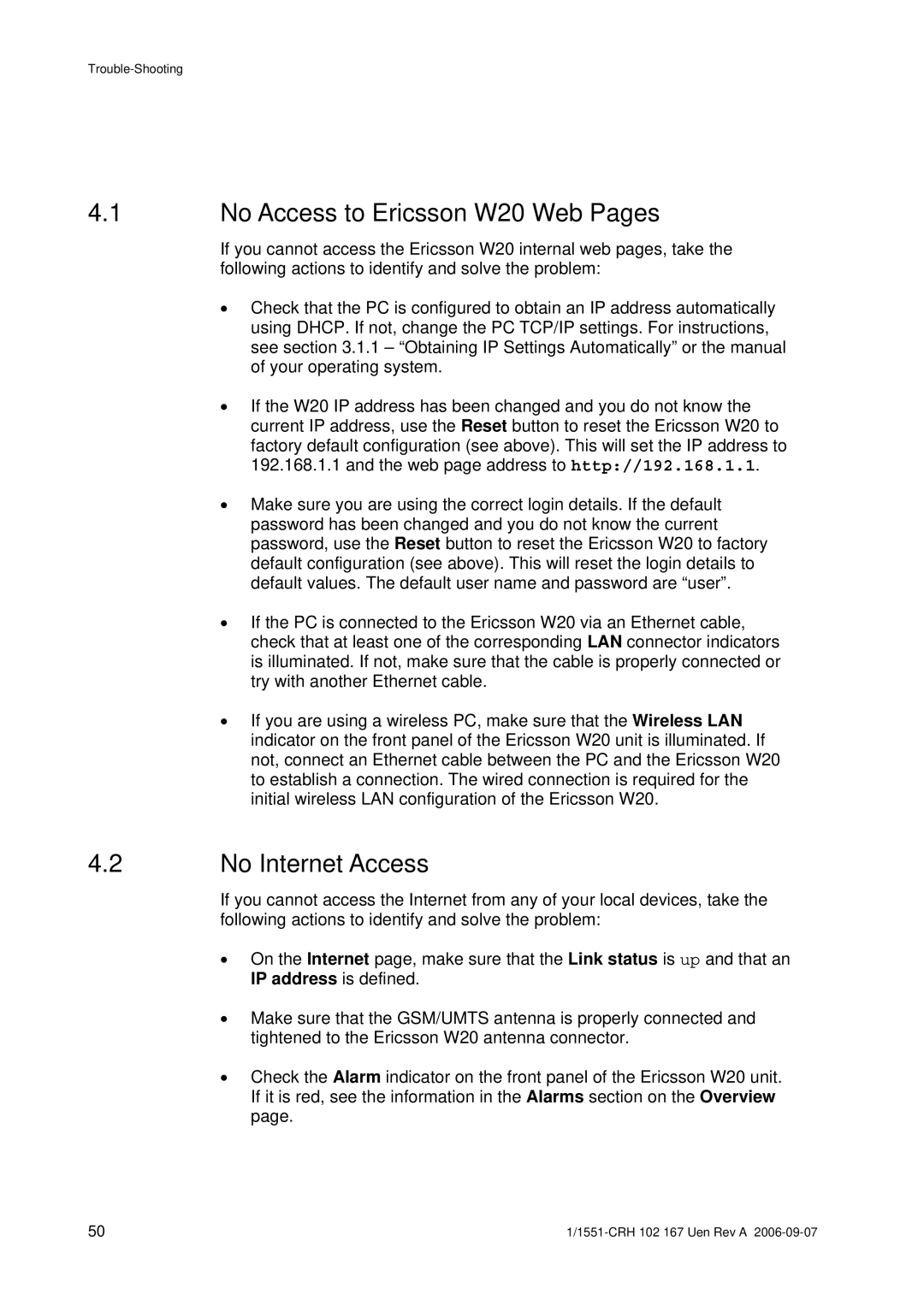 Ericsson manual No Access to Ericsson W20 Web Pages, No Internet Access 